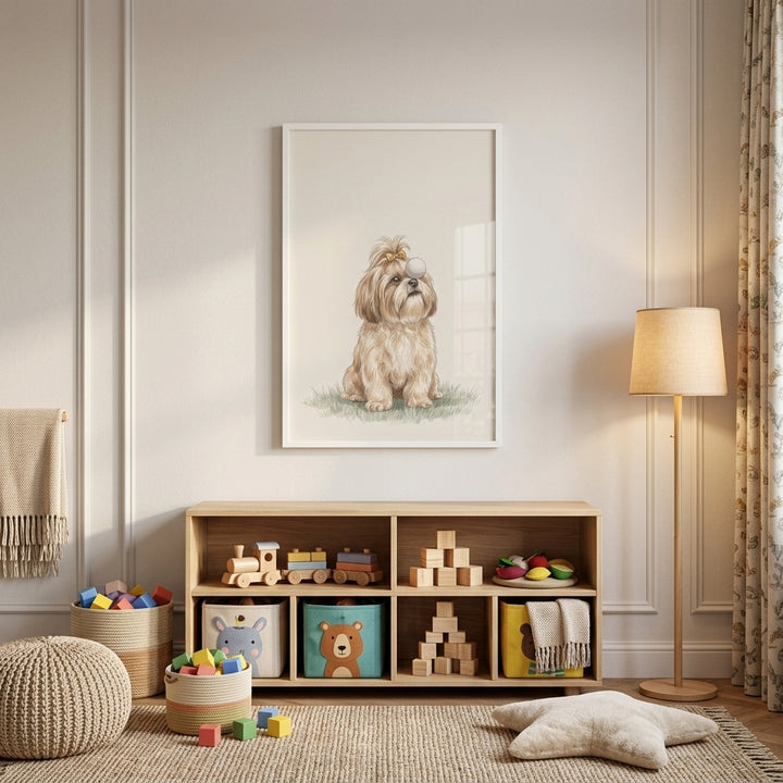 Neutral nursery with gold bow shih tzu dog wall art, a wooden toy shelf, star pillow, floor lamp, and woven rug.