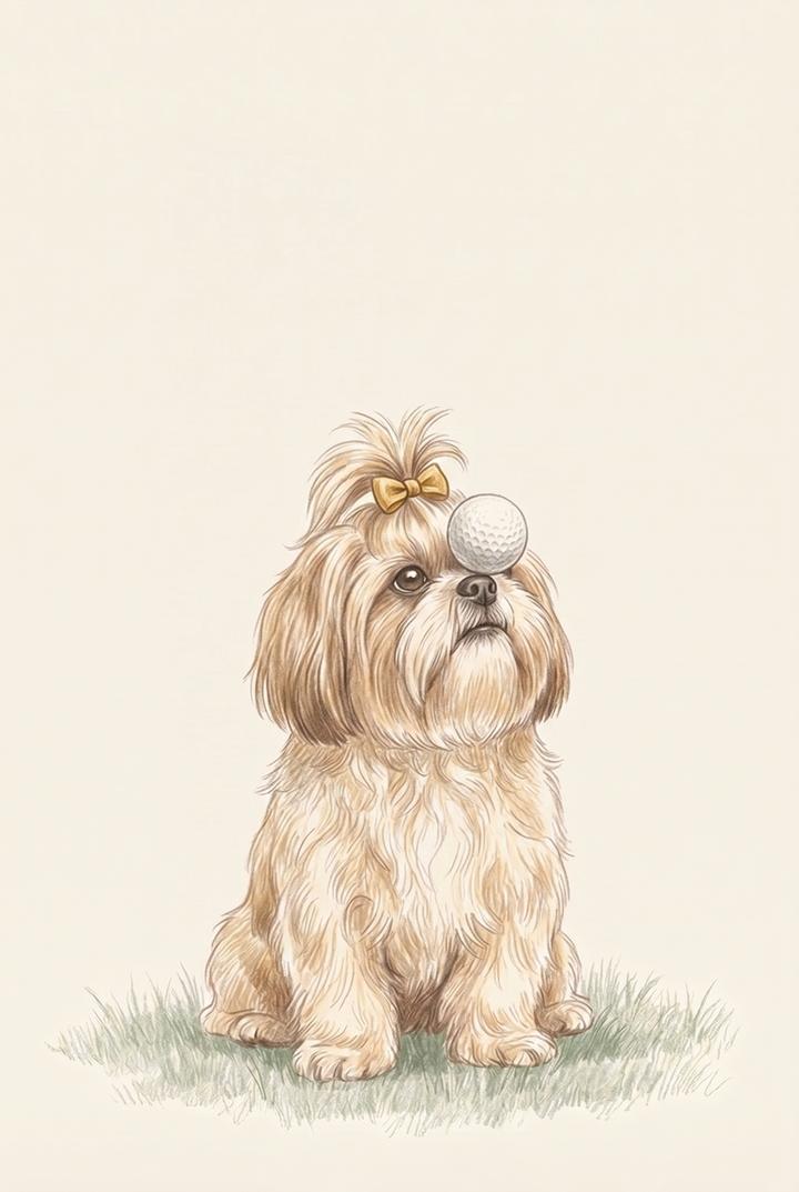 Gold bow shih tzu dog wall art illustration balancing a golf ball on its nose while sitting on a patch of grass.