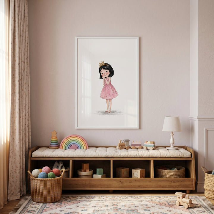 Nursery with gold butterfly crown girl wall art above a wooden bench with toys, a storage basket, and a patterned rug.