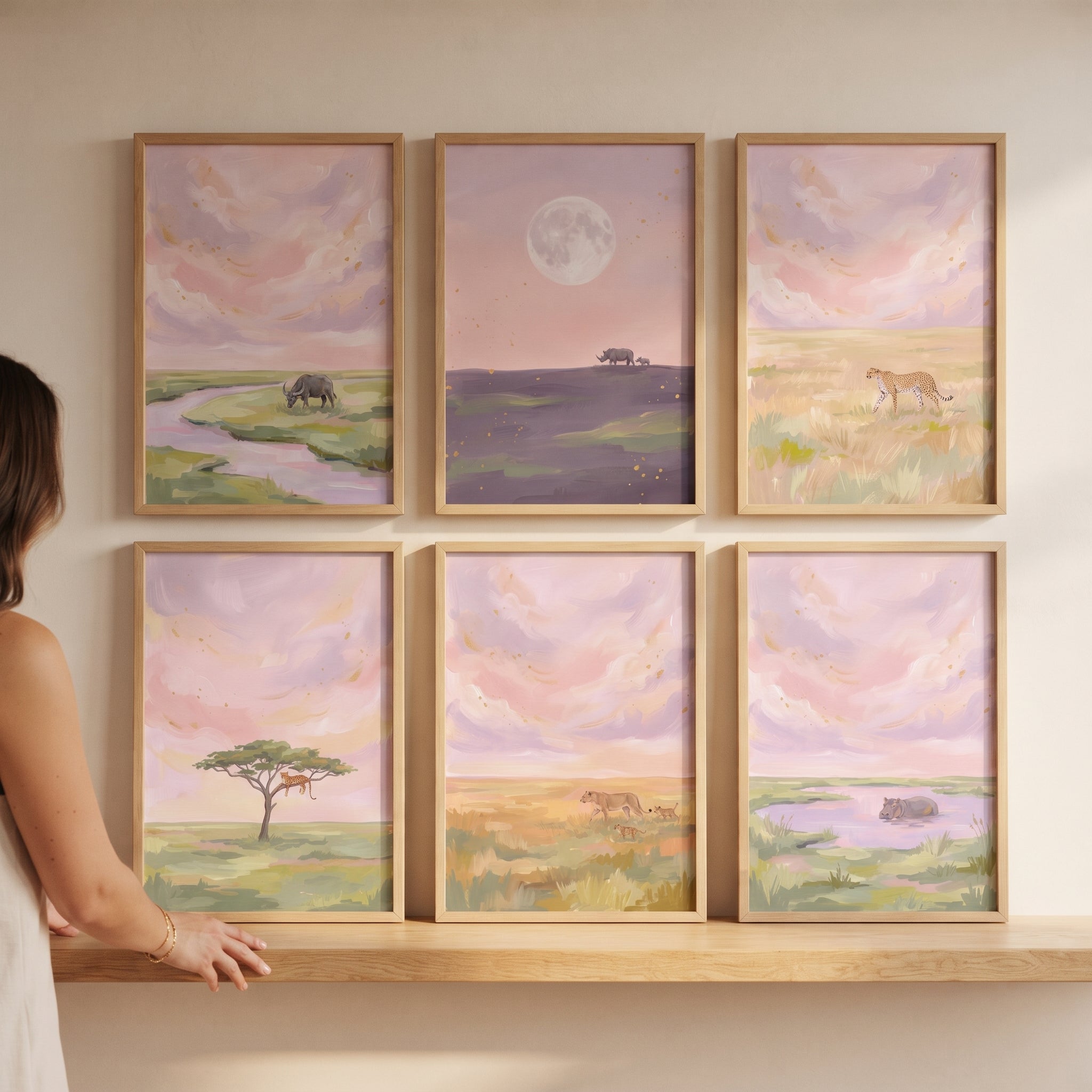 Gold Dusk Safari Animals Wall Art Set of 6 - Lavender Dusk Wilds