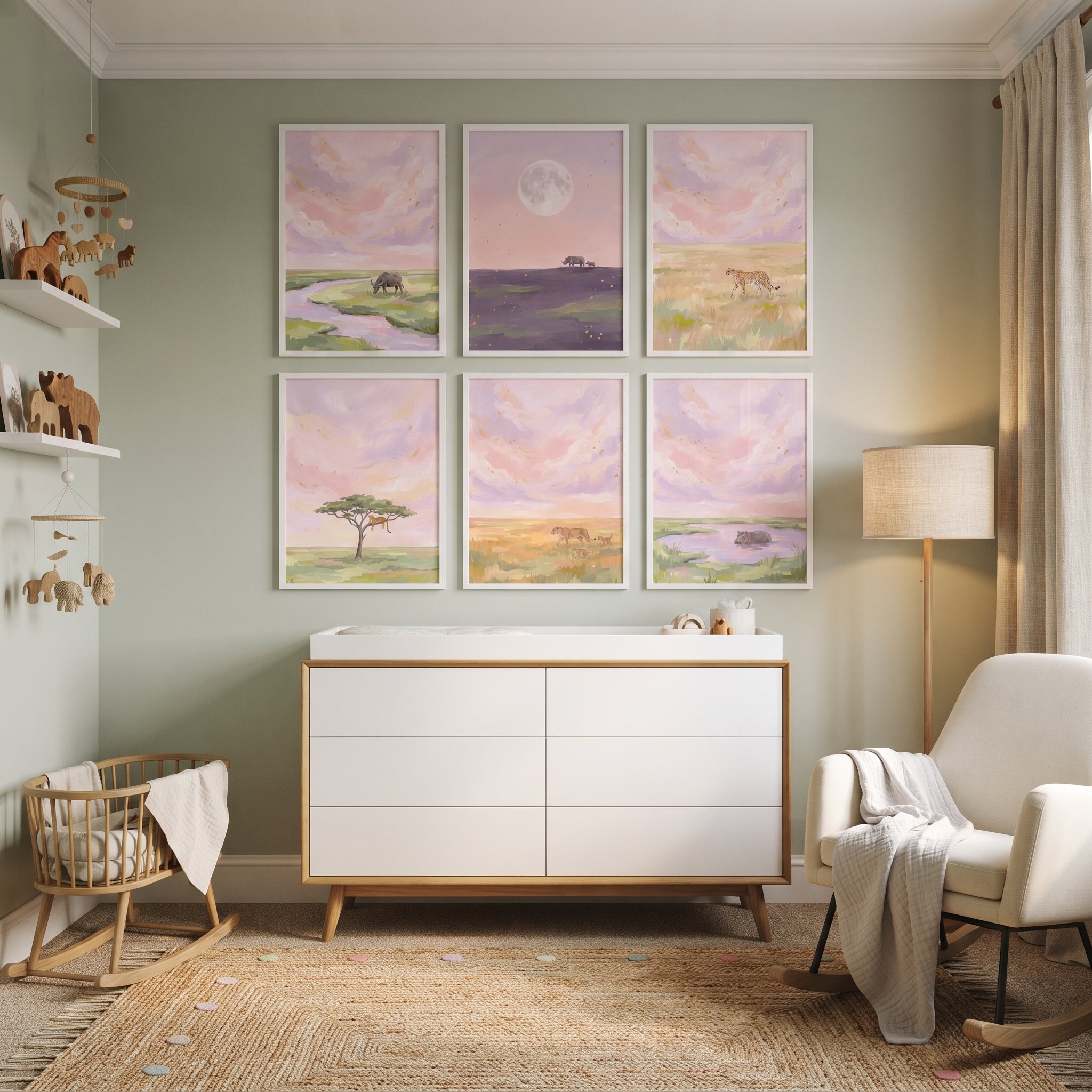 Gold Dusk Safari Animals Wall Art Set of 6 - Lavender Dusk Wilds