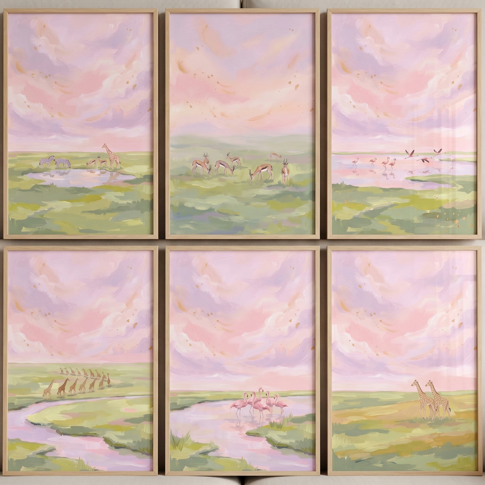 Gold dusted savanna animals wall art set of 6 features giraffes, gazelles, and flamingos in pastel landscapes.