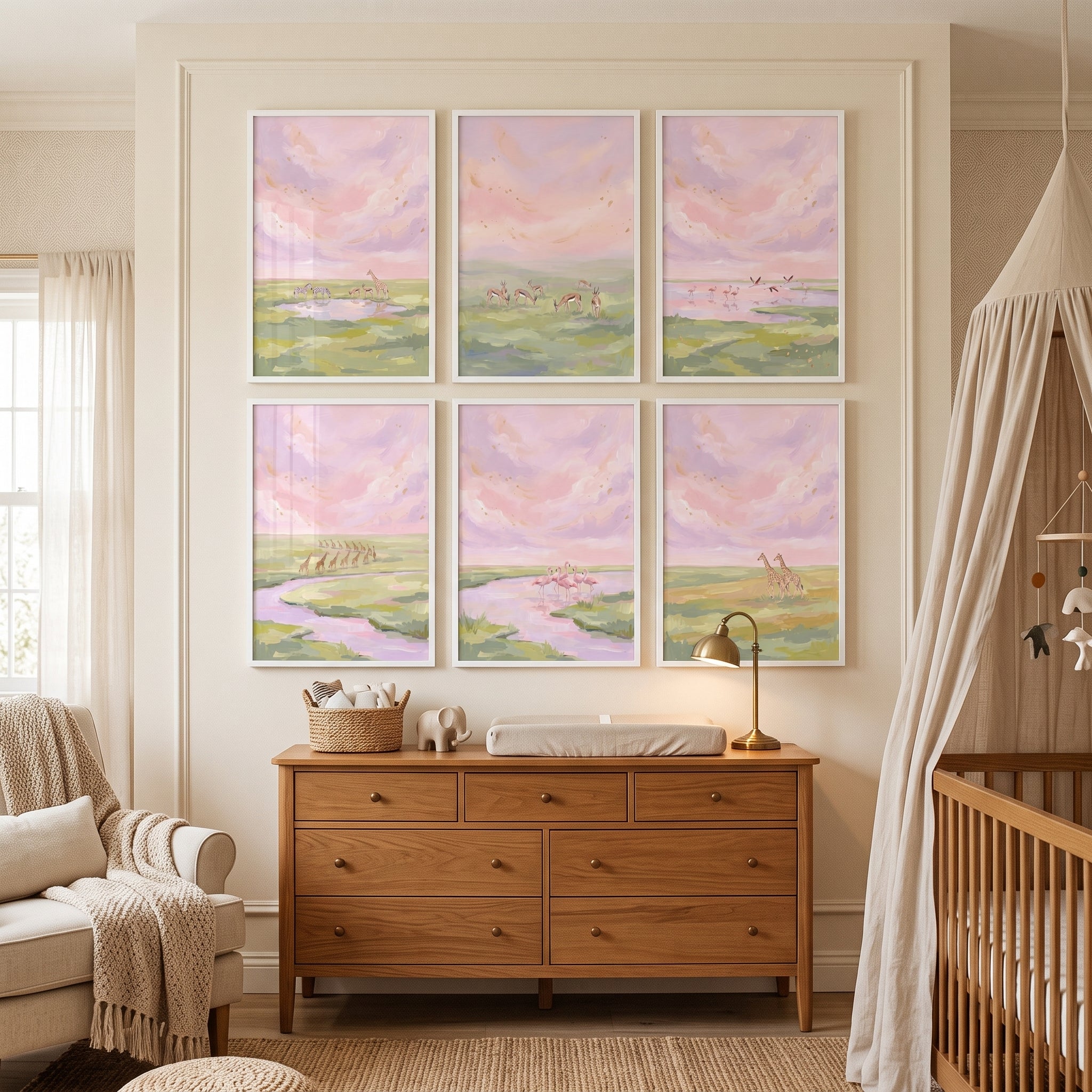 Gold Dusted Savanna Animals Wall Art Set of 6 - Soft Sunset Safari