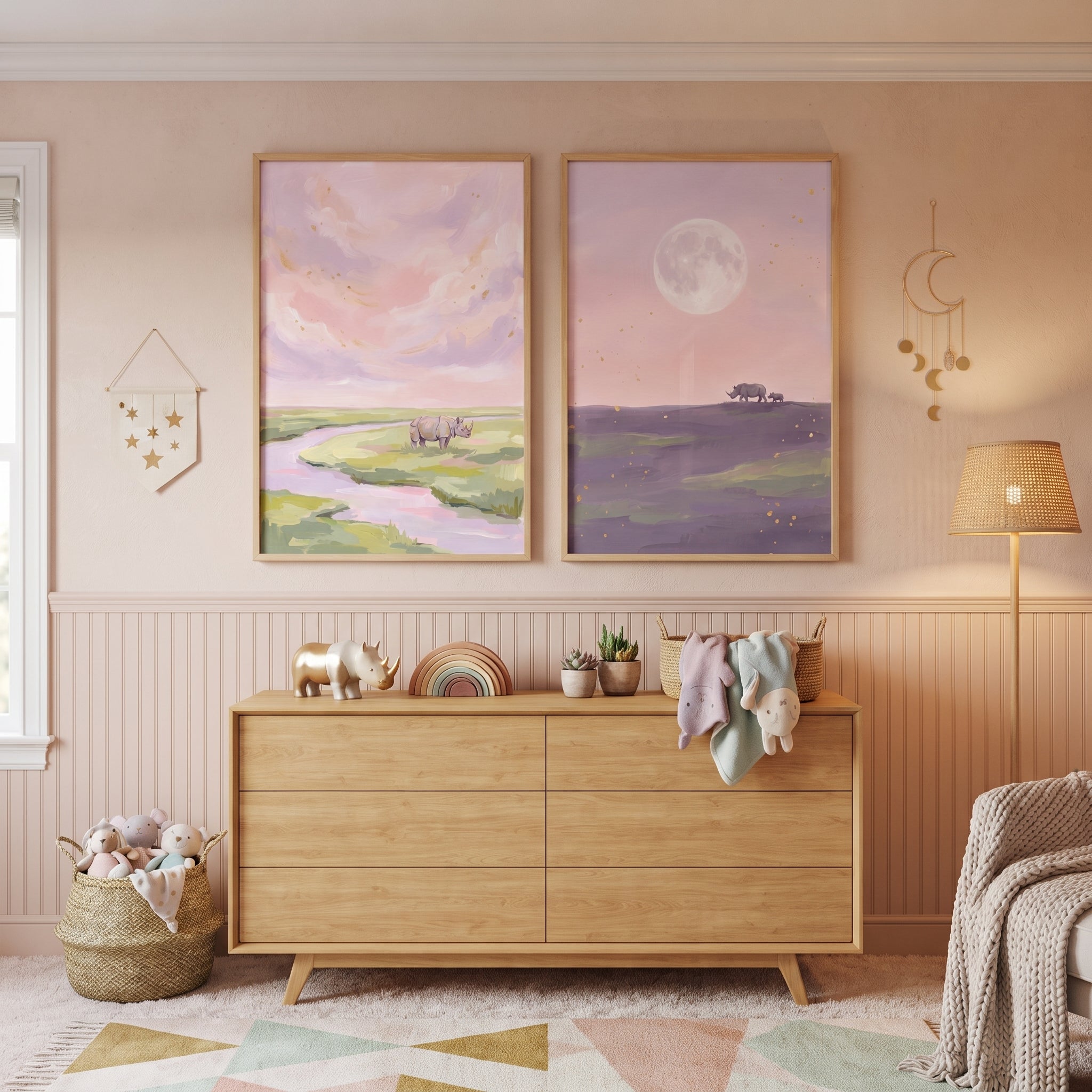 Gold Flecked Pink Rhino Wall Art Set of 2 - Pastel Rhino Dreams