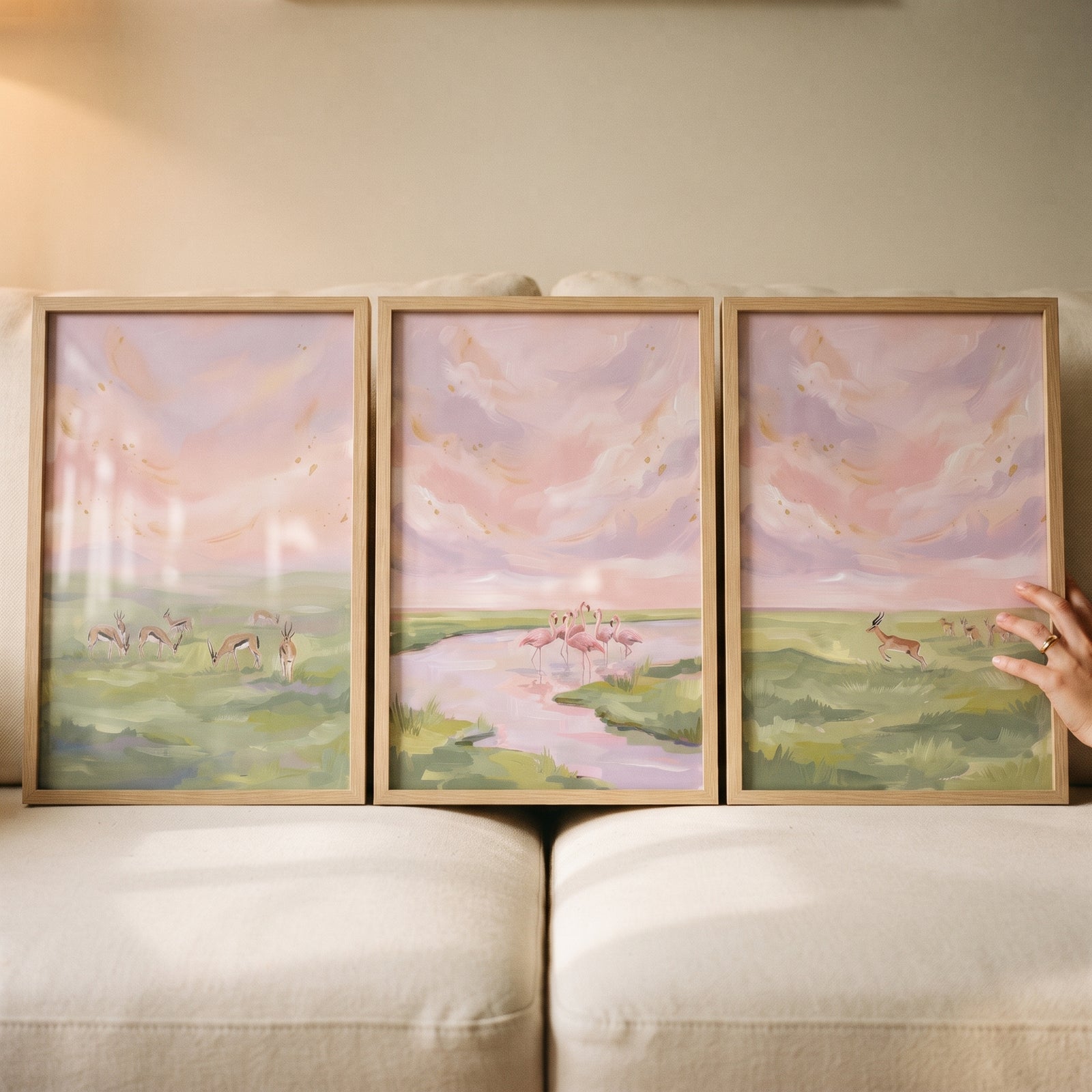 Gold flecked pink savanna wall art set of 3 featuring gazelles and flamingos in a pastel landscape rests on a sofa.