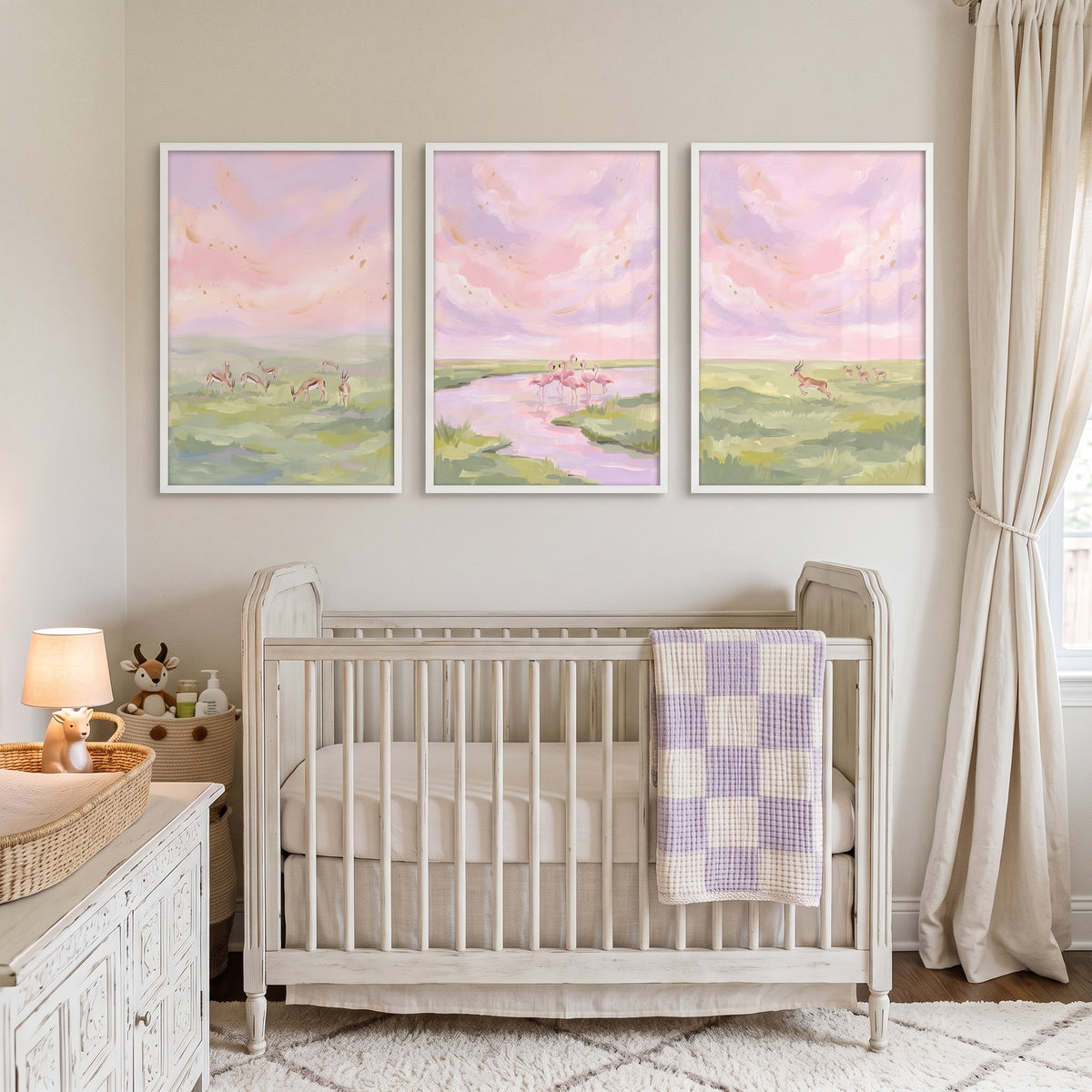 Gold Flecked Pink Savanna Wall Art Set of 3 - Pastel Safari Dream