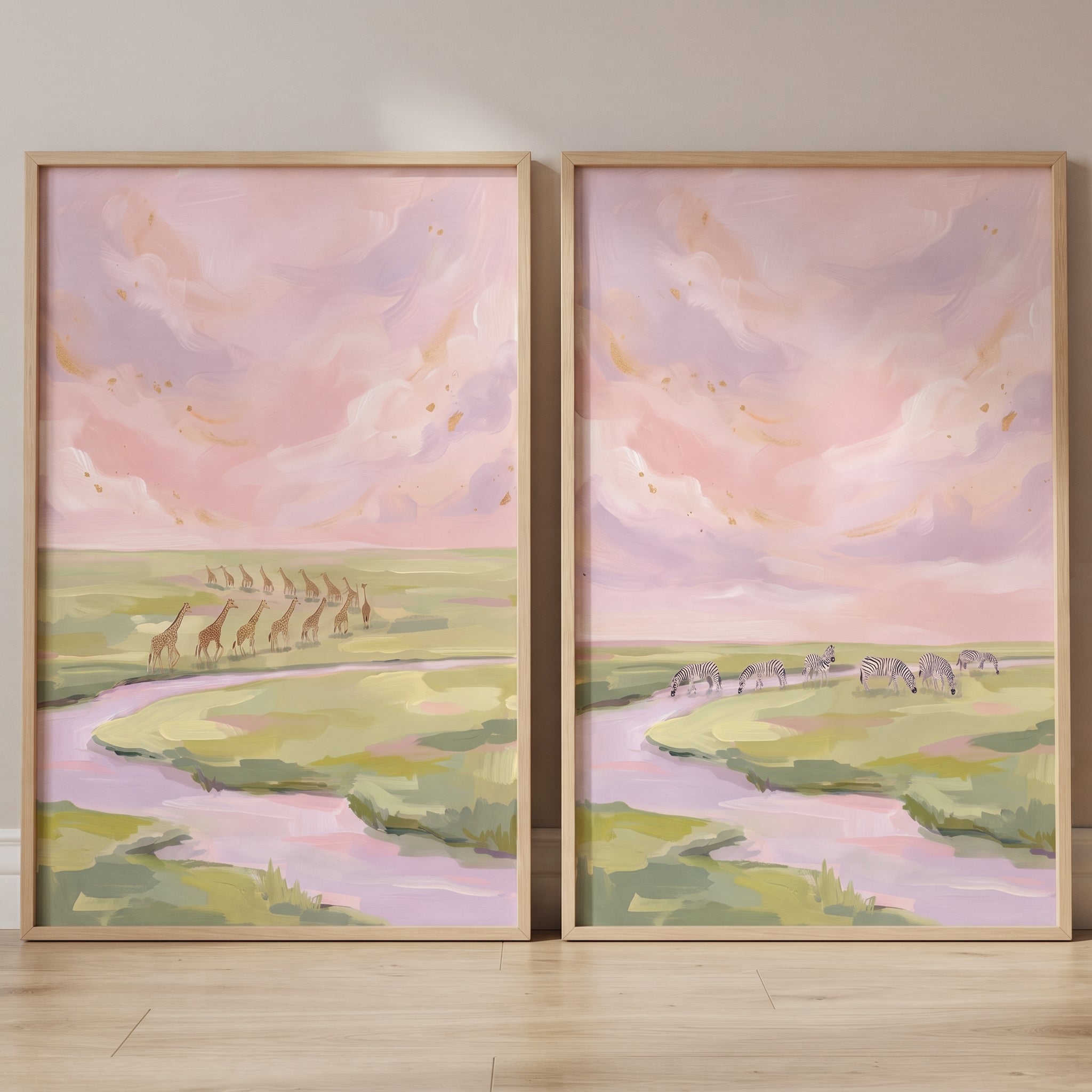 Gold Flecked Safari Animals Wall Art Set of 2 - Soft Savannah Sky
