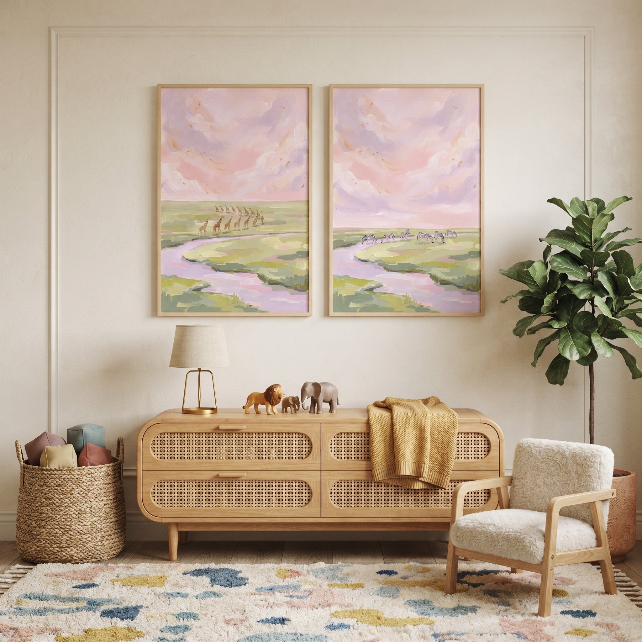 Gold Flecked Safari Animals Wall Art Set of 2 - Soft Savannah Sky