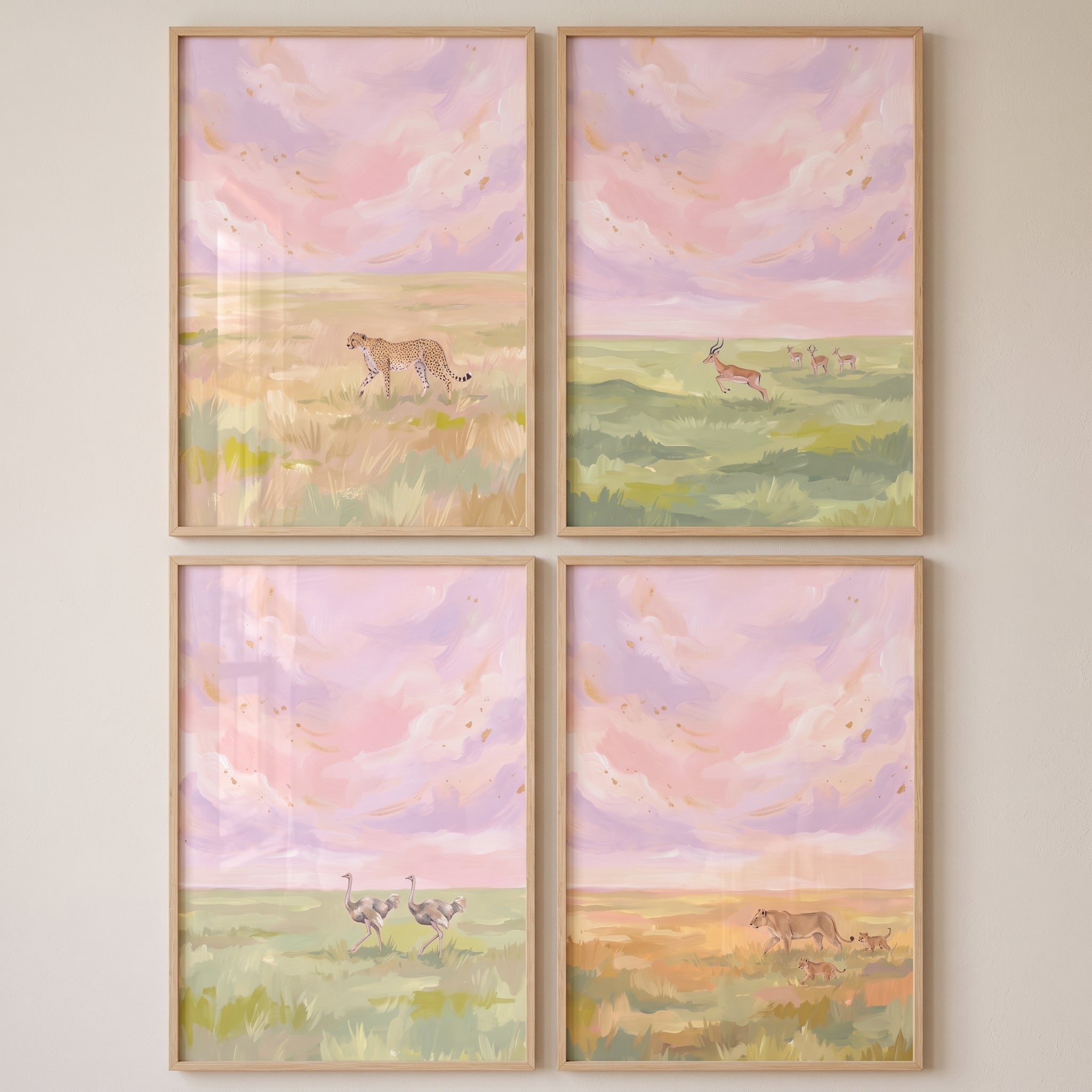 Gold Flecked Savanna Animals Wall Art Set of 4 - Serene Savanna Sky