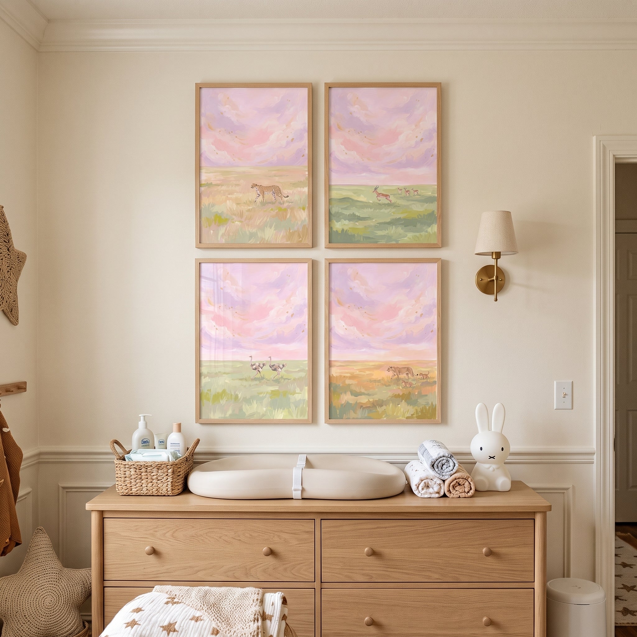Gold Flecked Savanna Animals Wall Art Set of 4 - Serene Savanna Sky