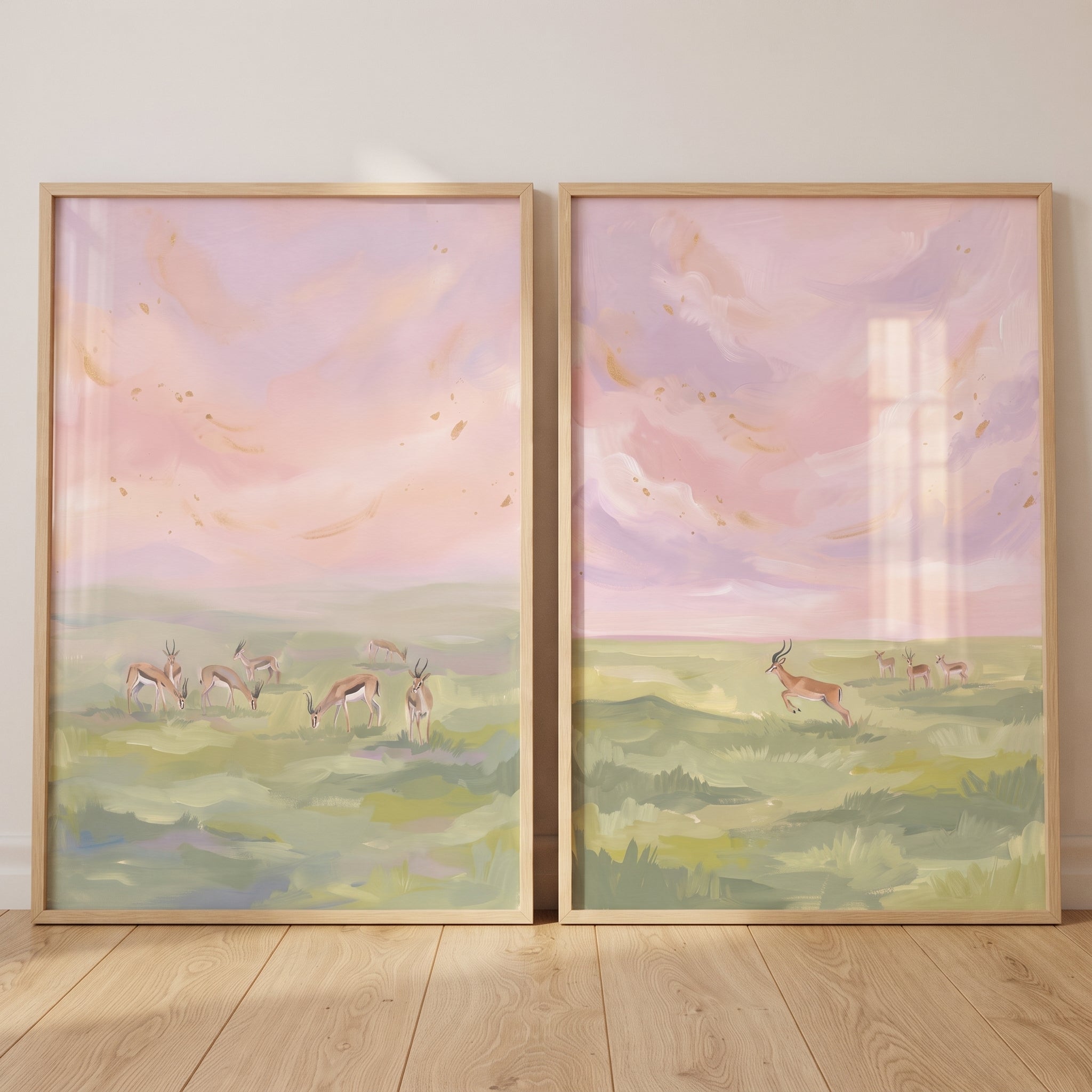 Gold Flecked Sky Gazelle Animals Wall Art Set of 2 - Pastel Savanna Herd