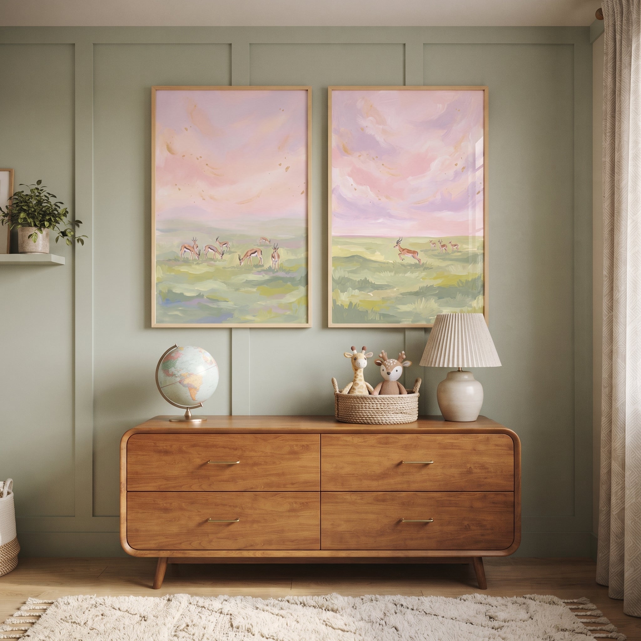 Gold Flecked Sky Gazelle Animals Wall Art Set of 2 - Pastel Savanna Herd