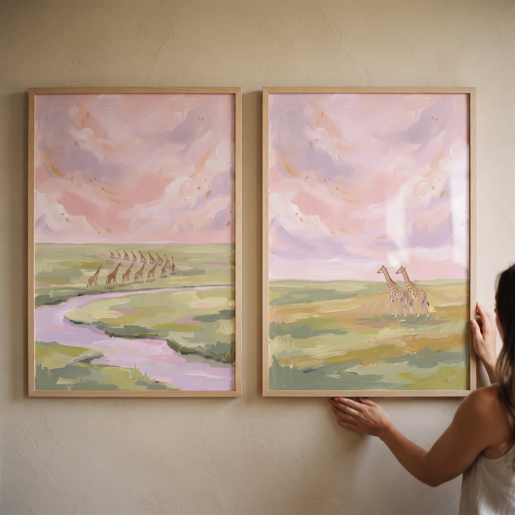 Gold Flecked Sky Giraffe Wall Art Set of 2 - Pastel Giraffe Horizon