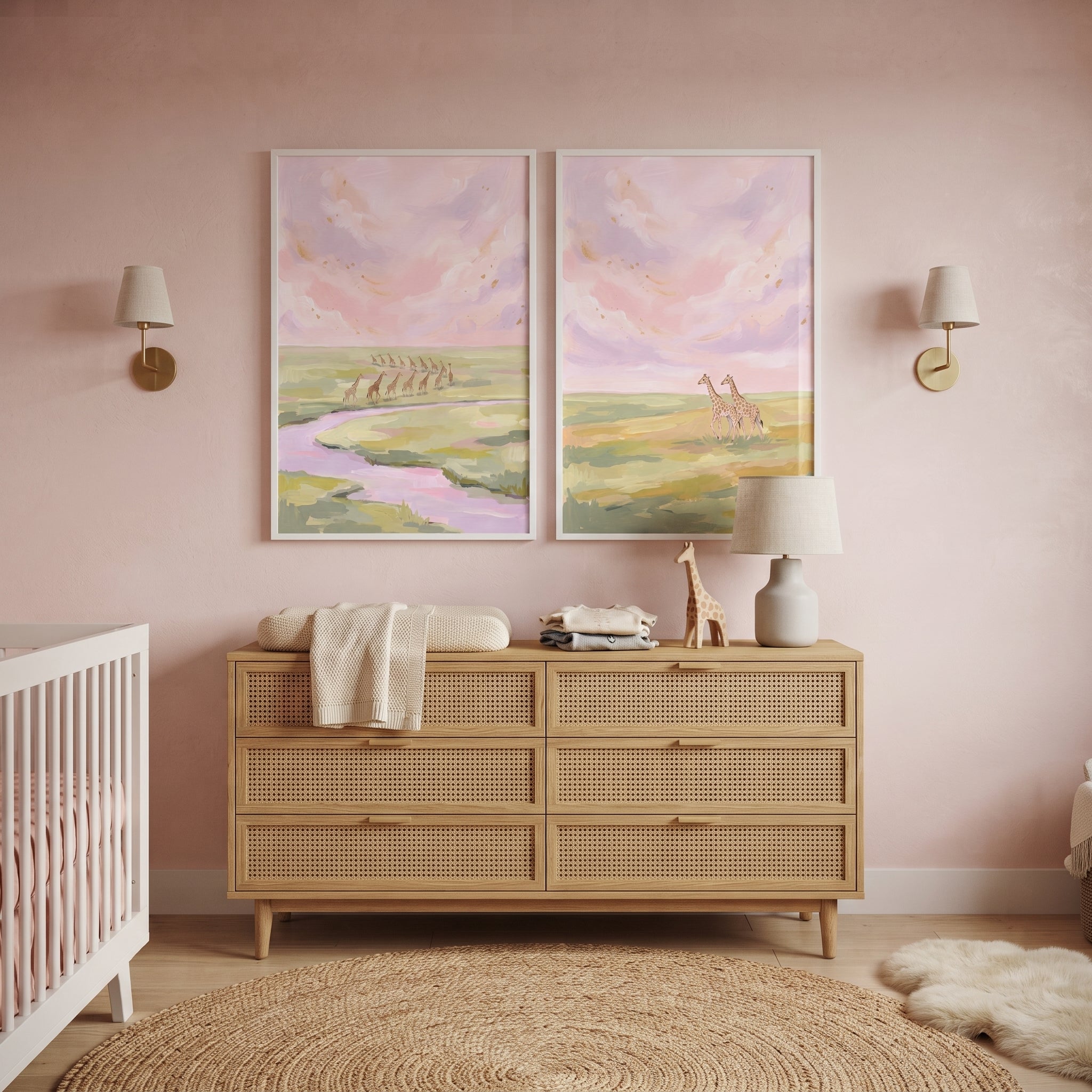 Gold Flecked Sky Giraffe Wall Art Set of 2 - Pastel Giraffe Horizon