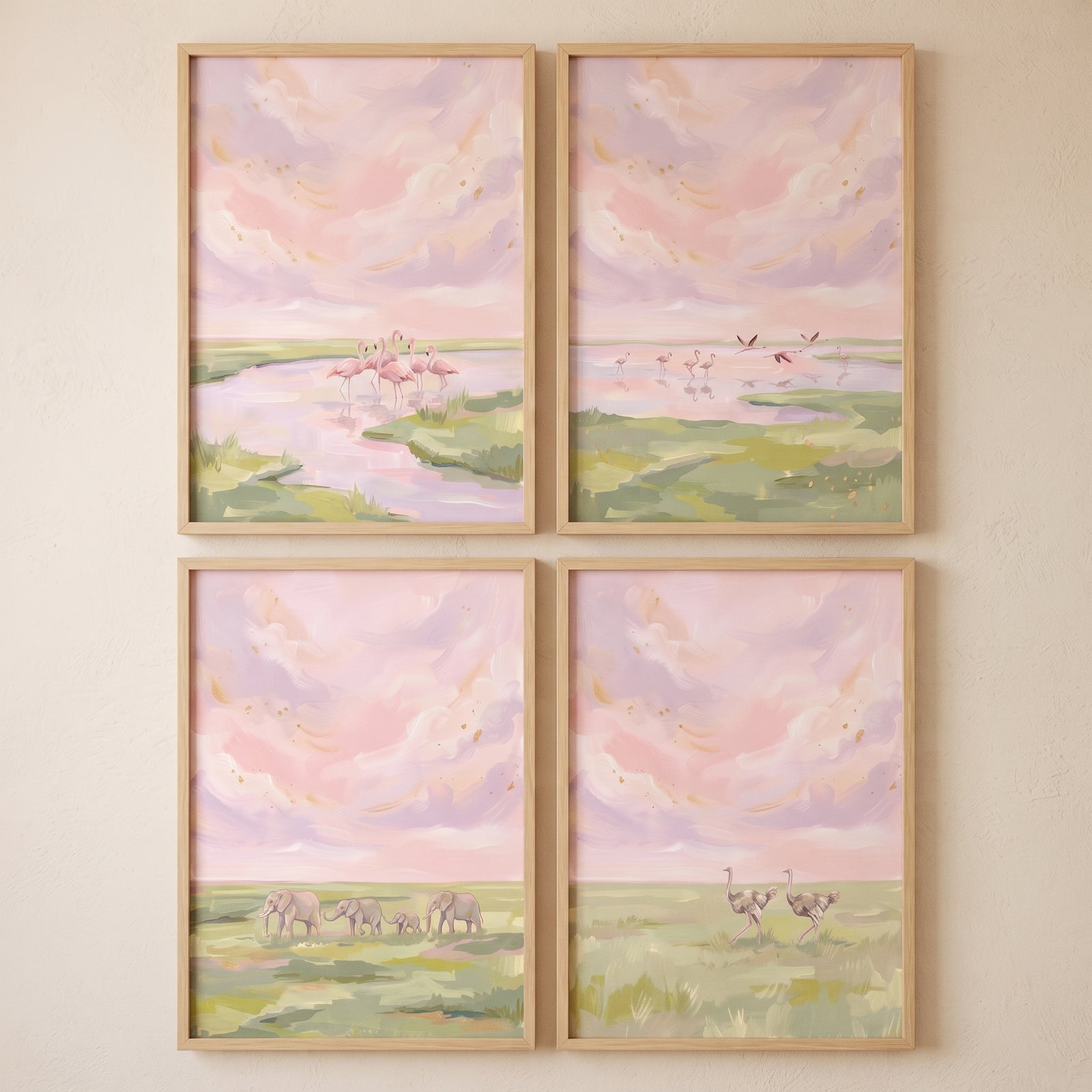 Gold leaf pink savanna wall art set of 4 featuring flamingos, elephants, and ostriches in pastel landscapes.
