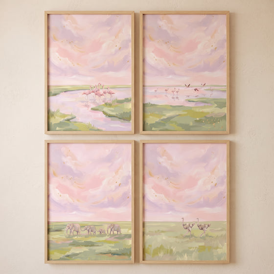 Gold leaf pink savanna wall art set of 4 featuring flamingos, elephants, and ostriches in pastel landscapes.