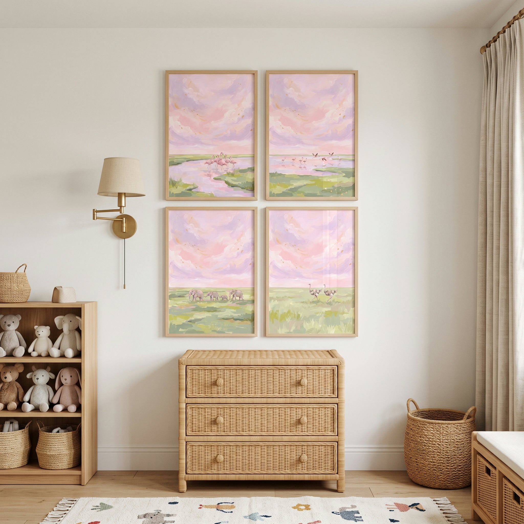 Gold Leaf Pink Savanna Wall Art Set of 4 - Pink Safari Skies
