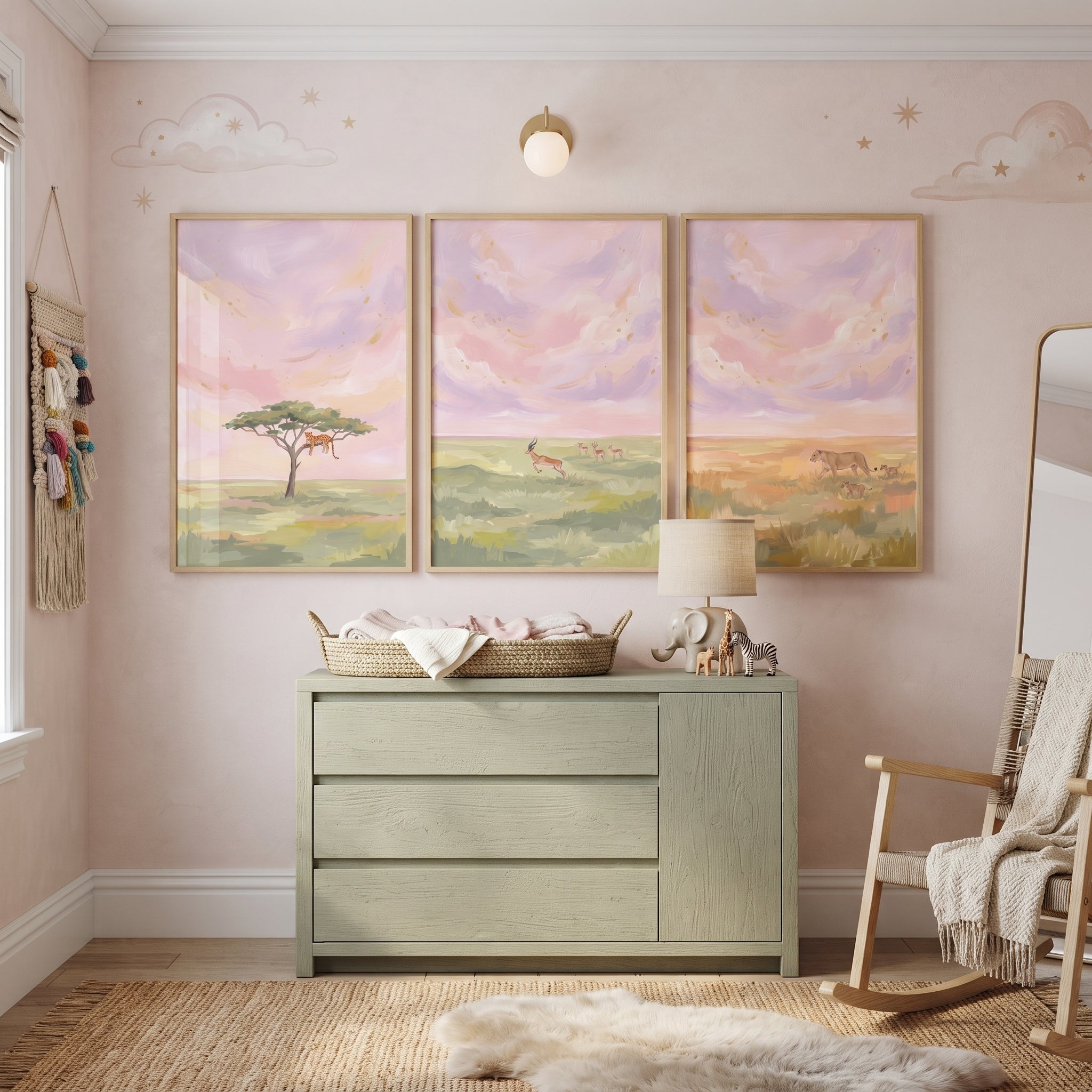 Gold Leaf Safari Animals Wall Art Set of 3 - Soft Savanna Skies