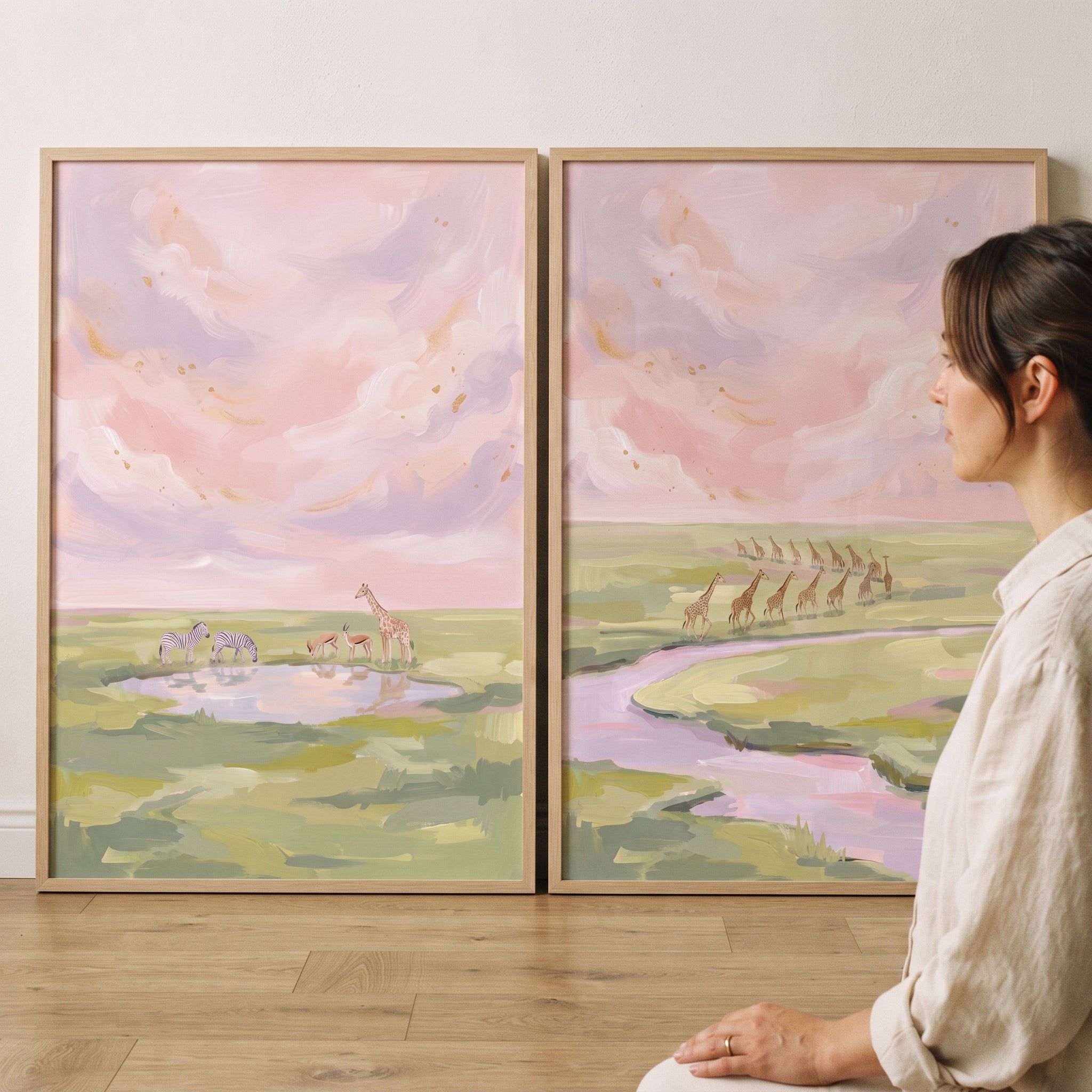 Gold Leaf Savanna Animals Wall Art Set of 2 - Pastel Savannah Skies