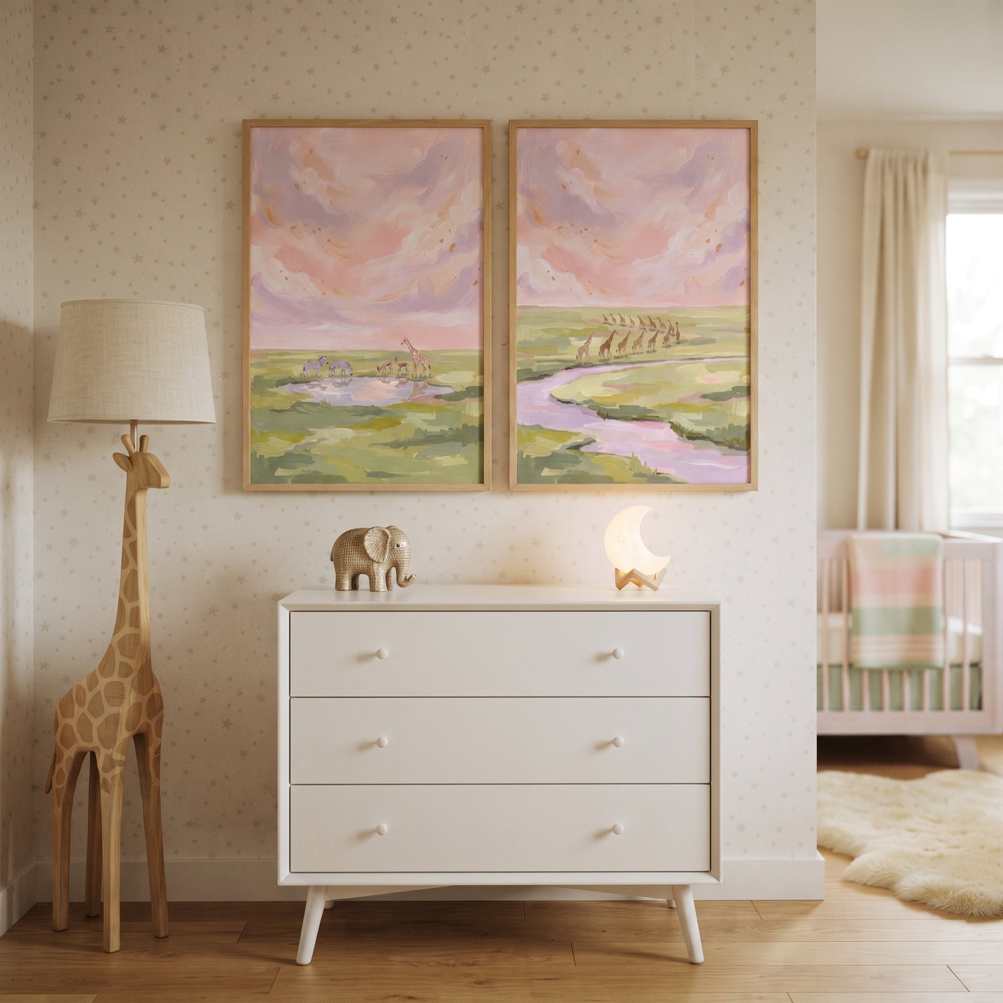 Gold Leaf Savanna Animals Wall Art Set of 2 - Pastel Savannah Skies