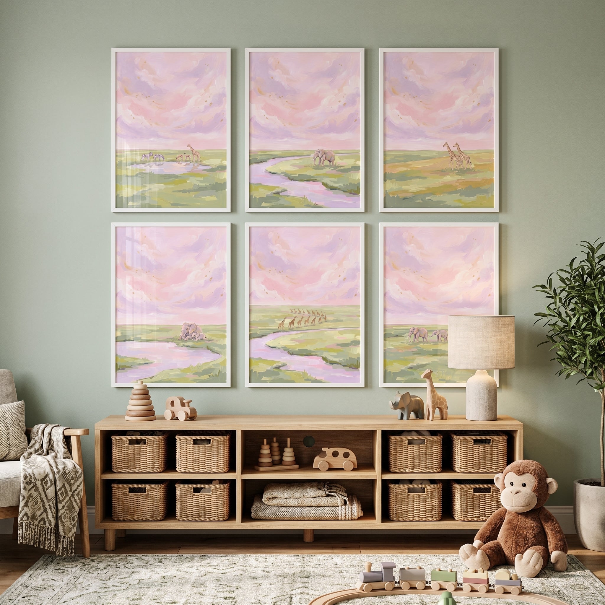 Gold Leaf Sky Safari Animals Print Set of 6 - Serene Safari Dreams