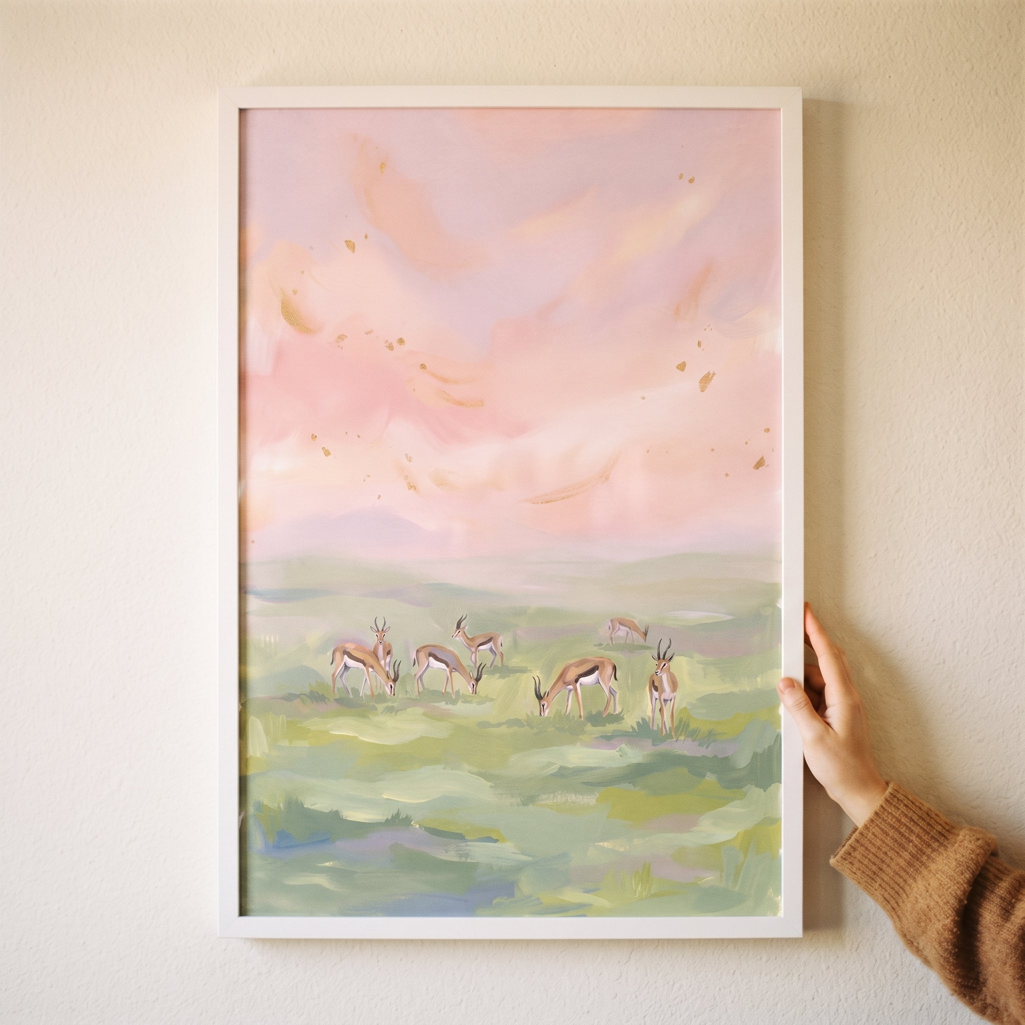 Gold Leaf Sky Springbok Animal Print - Pastel Savannah Grazers