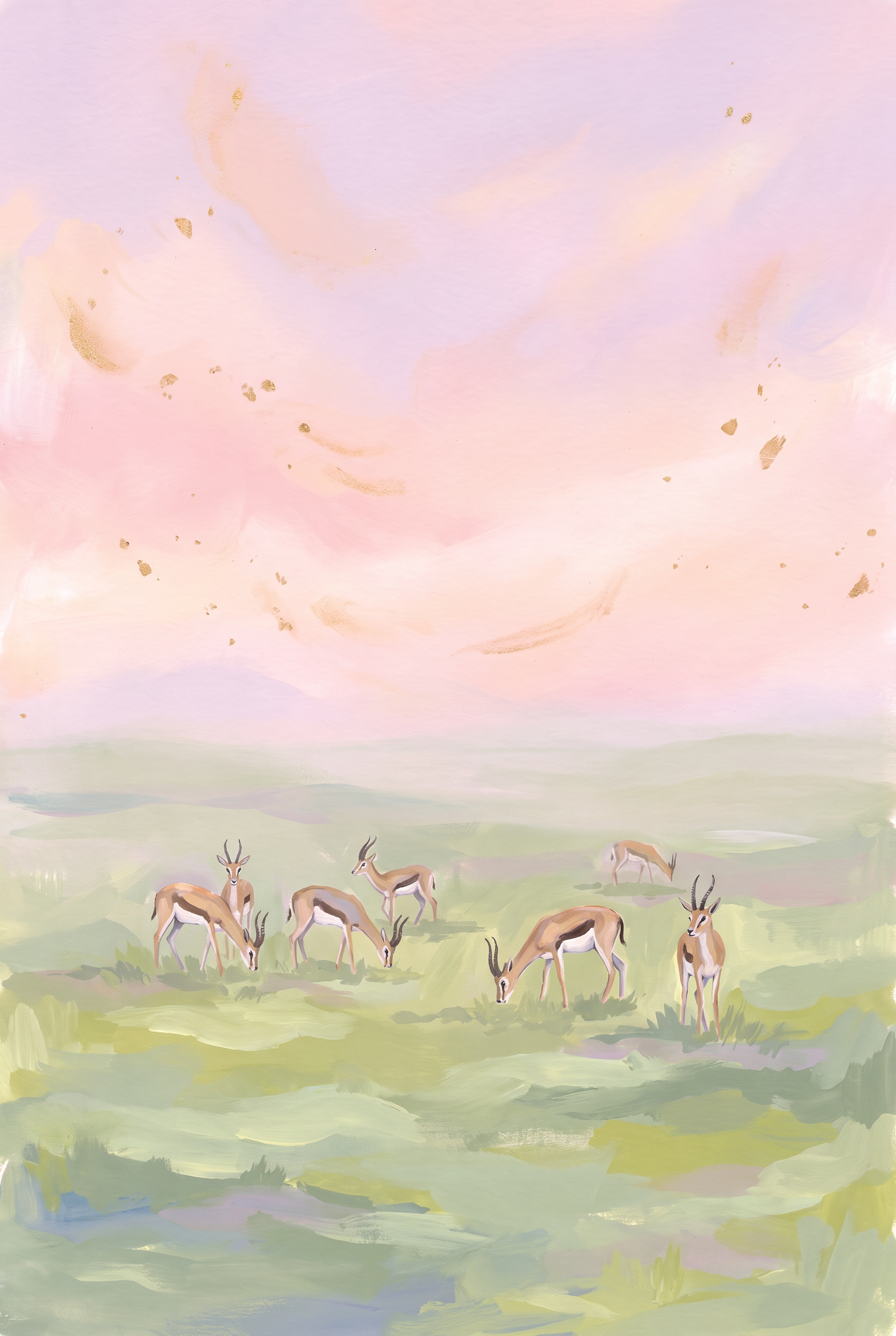Gold Leaf Sky Springbok Animal Print - Pastel Savannah Grazers