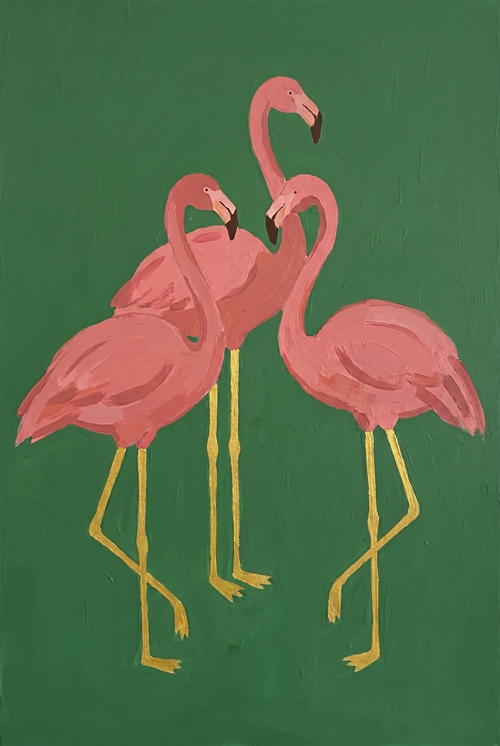 Three pink birds stand against a textured green backdrop in this gold leg pink flamingo wall art.