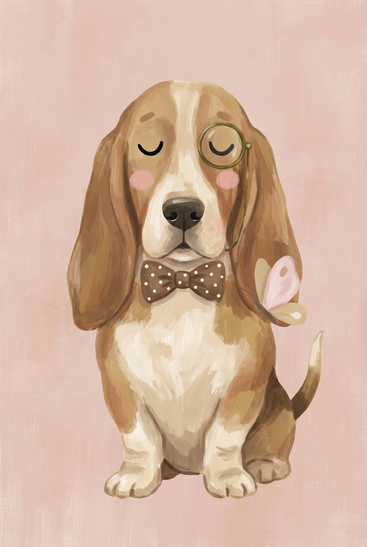 Basset hound sitting upright with eyes closed, wearing a brown polka dot bow tie and a monocle, while a pink butterfly rests near its ear against a soft pink background. The styling gives the dog a calm and distinguished personality.