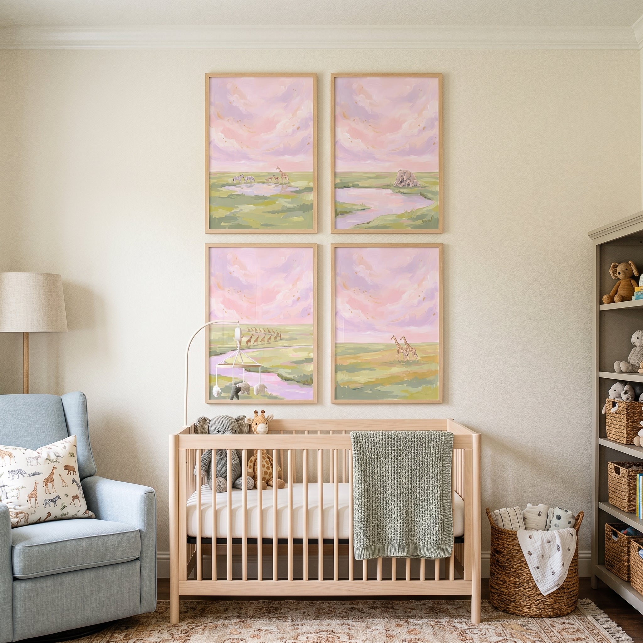 Gold Shimmering Safari Animals Wall Art Set of 4 - Soft Safari Sunset