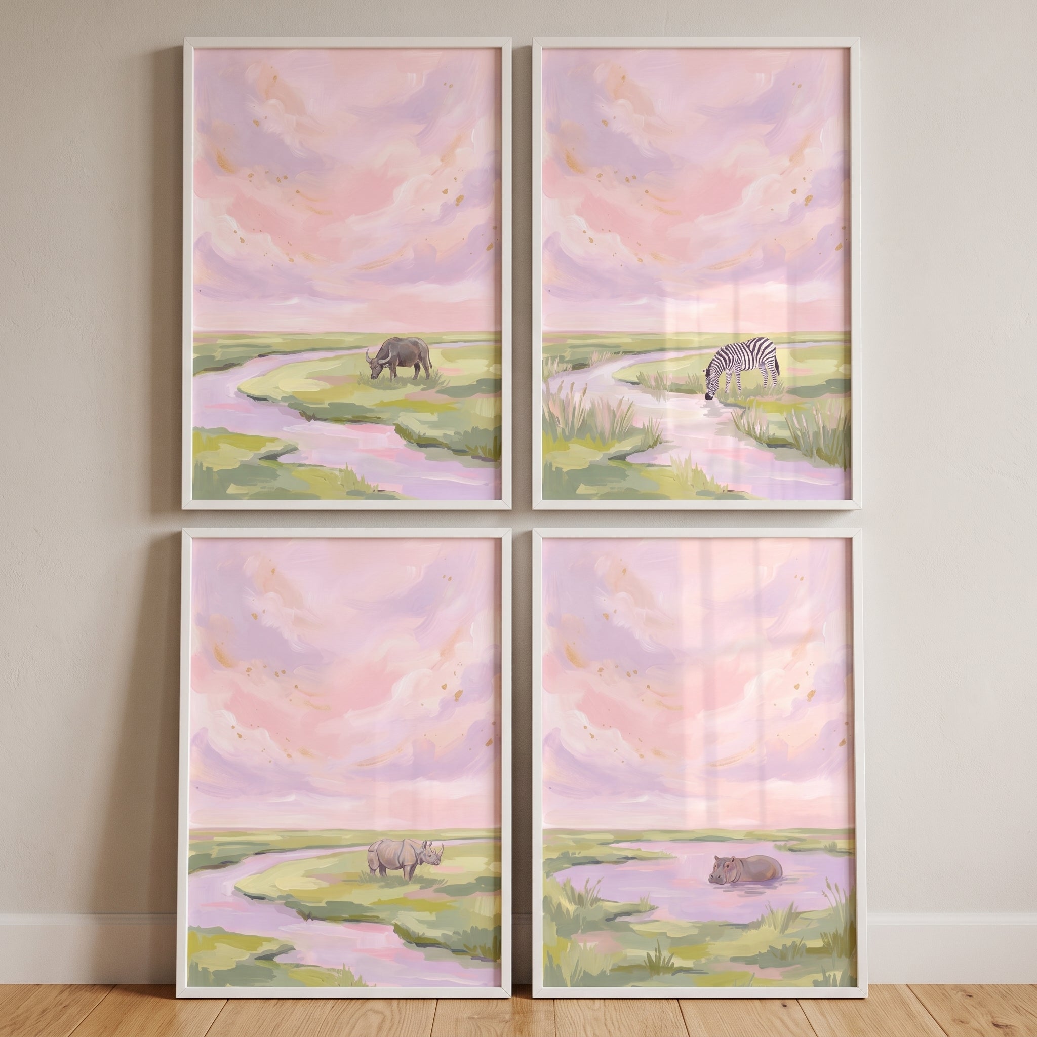 Gold Speckled Savanna Animals Wall Art Set of 4 - Pink Horizon Wildlife