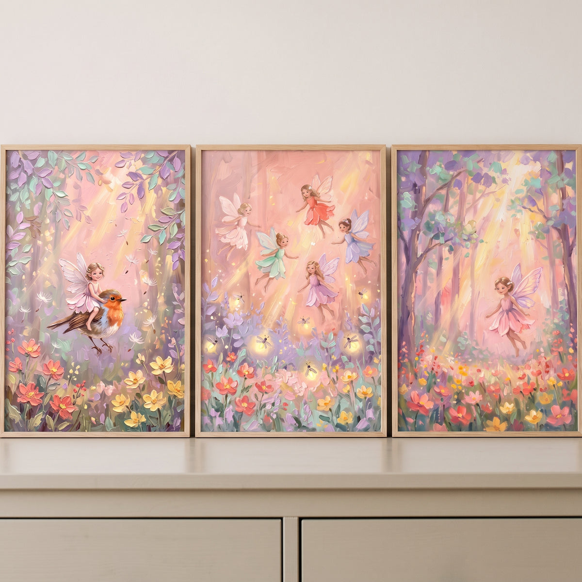 Gold Sunlit Magical Fairy Wall Art Set of 3 - Golden Woodland Sprites