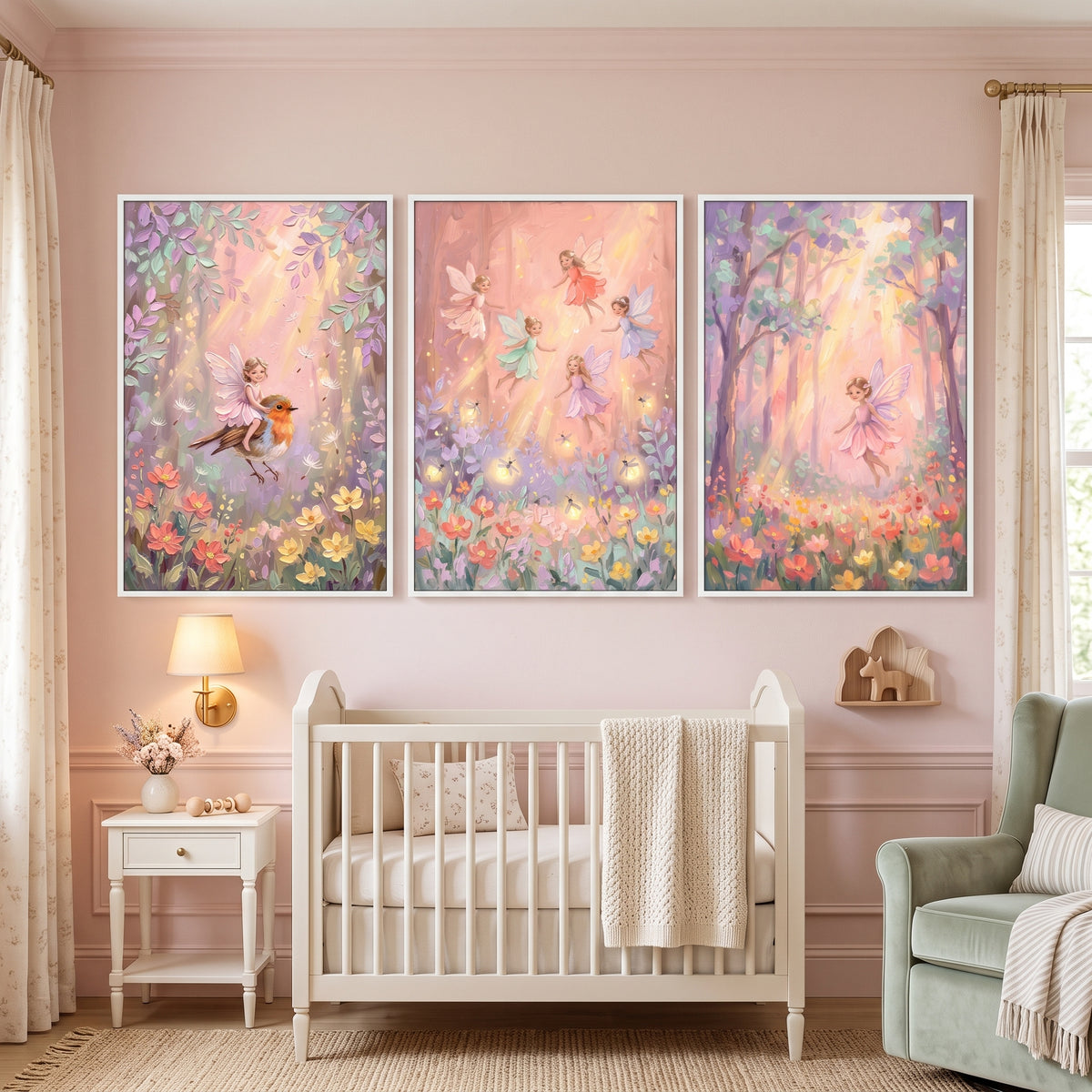 Gold Sunlit Magical Fairy Wall Art Set of 3 - Golden Woodland Sprites