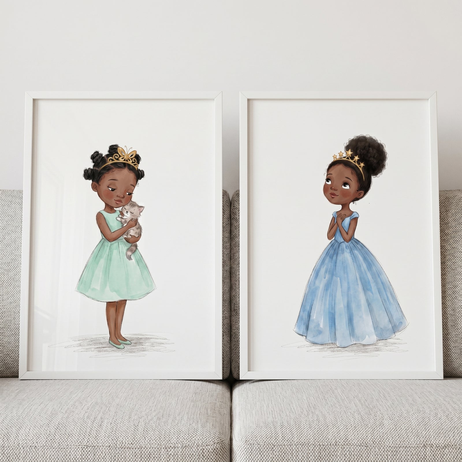 Golden crown princess wall art set of 2 featuring young Black girls in royal gowns, one holding a kitten.