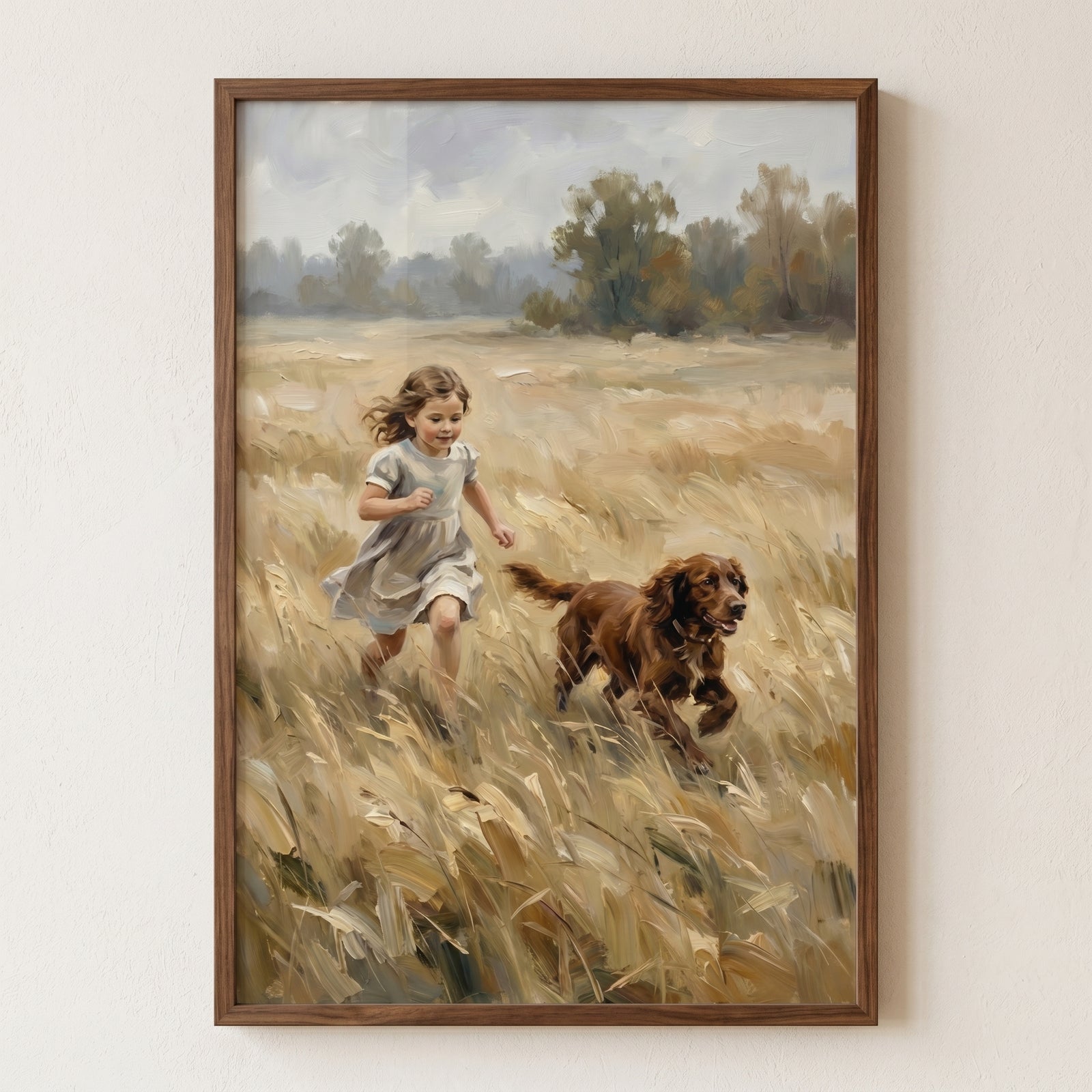 A girl in a grey dress and a brown dog run through tall grass in this golden field girl dog wall art.