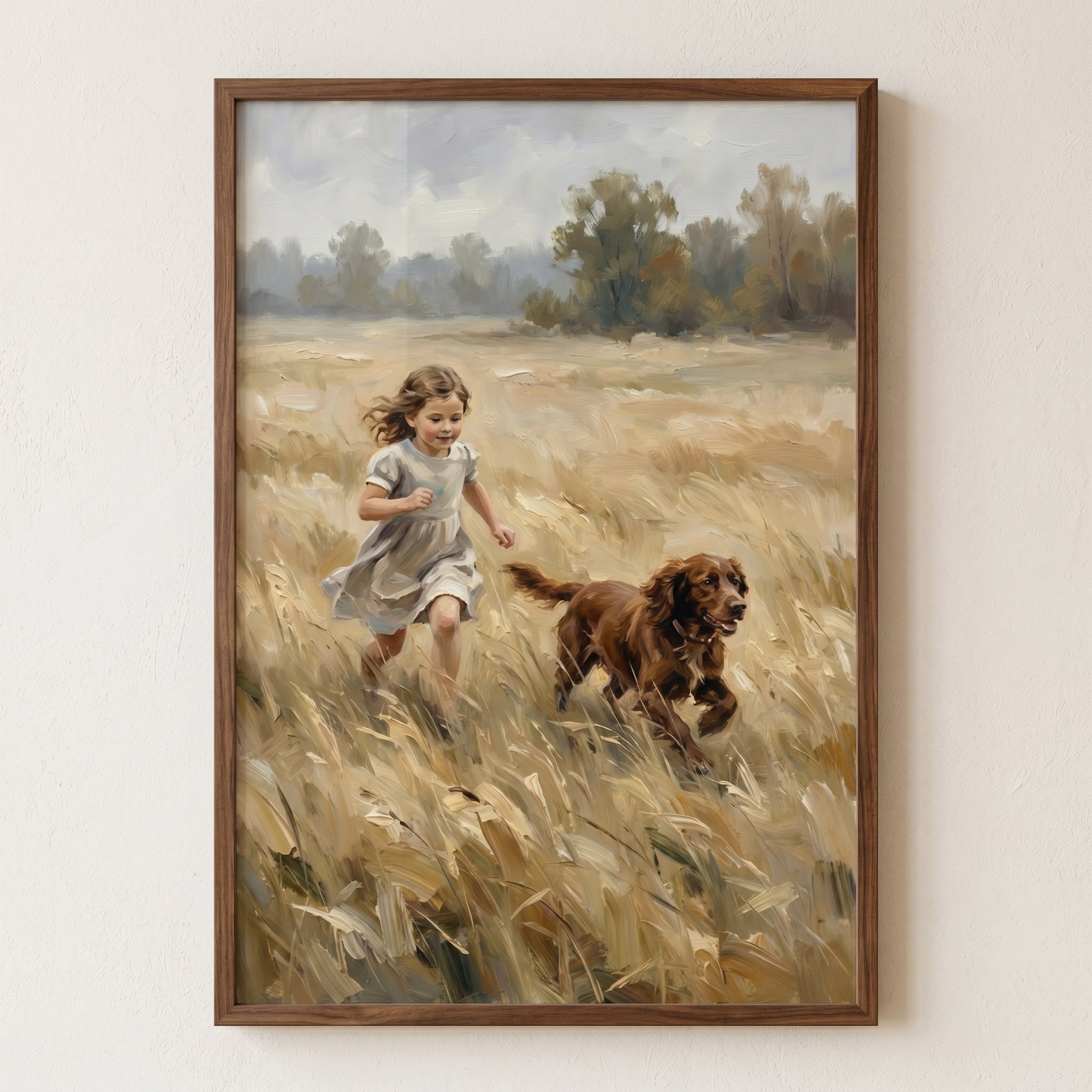 Golden Field Girl Dog Wall Art - Golden Field Run