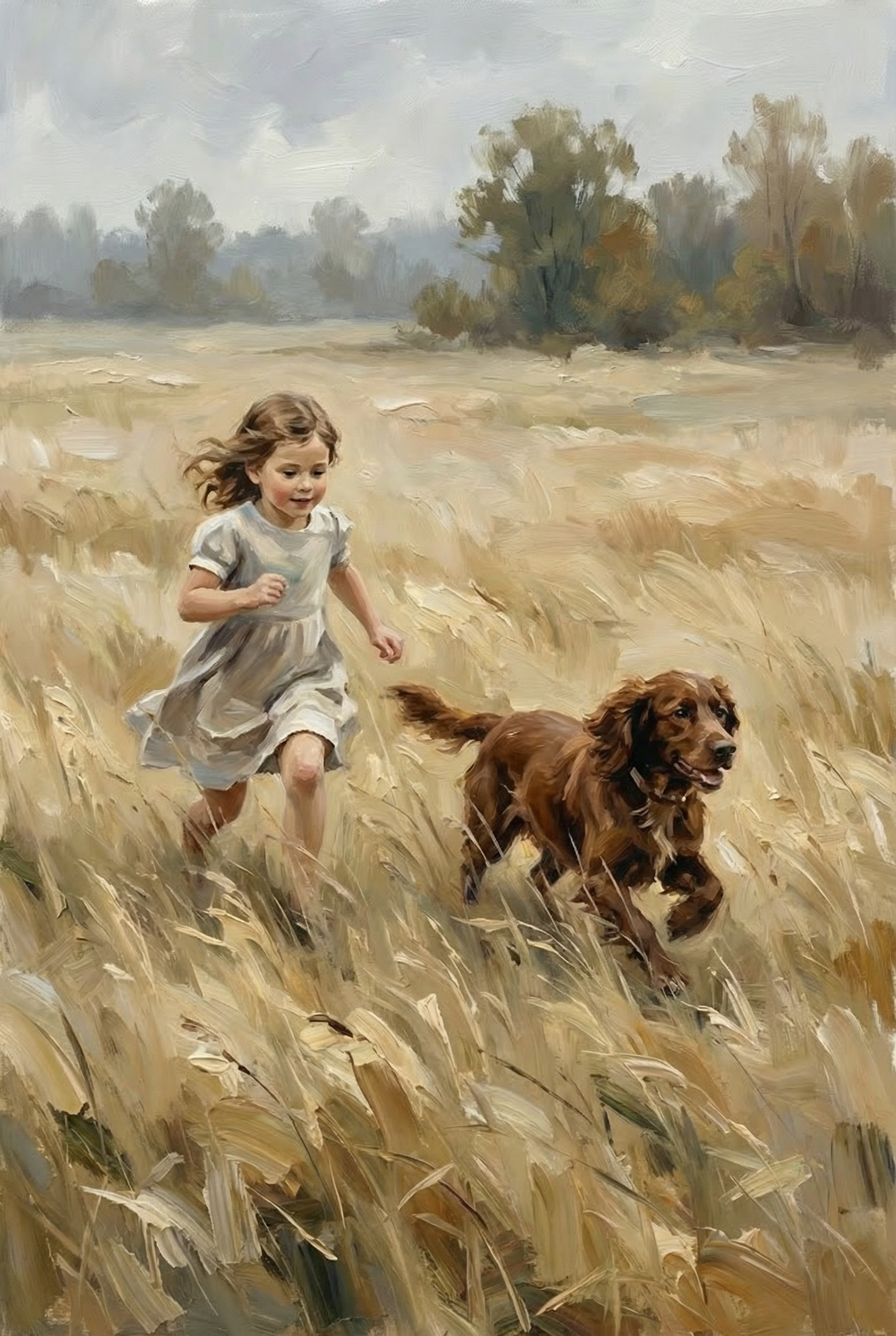 Golden Field Girl Dog Wall Art - Golden Field Run