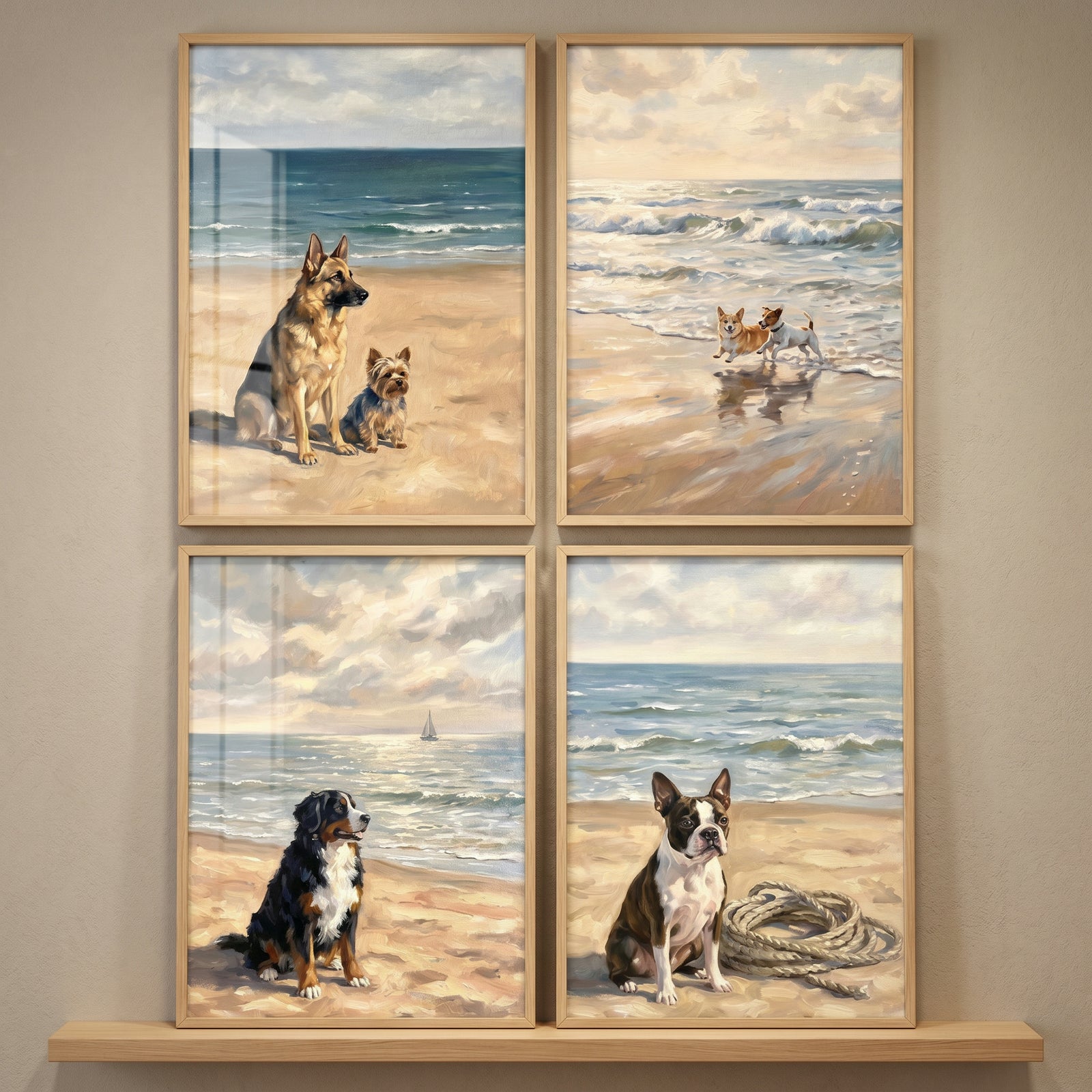 Golden hour beach dogs wall art set of 4 features a German Shepherd, Boston Terrier, and more breeds by the ocean waves.