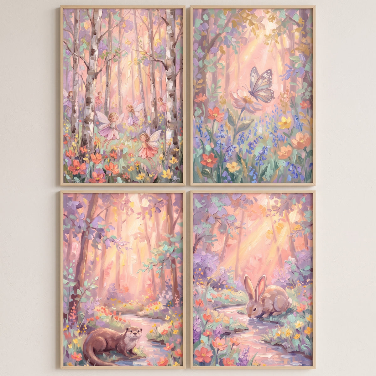 Golden hour enchanted woodland wall art set of 4 featuring fairies, a butterfly, an otter, and a rabbit in soft colors.
