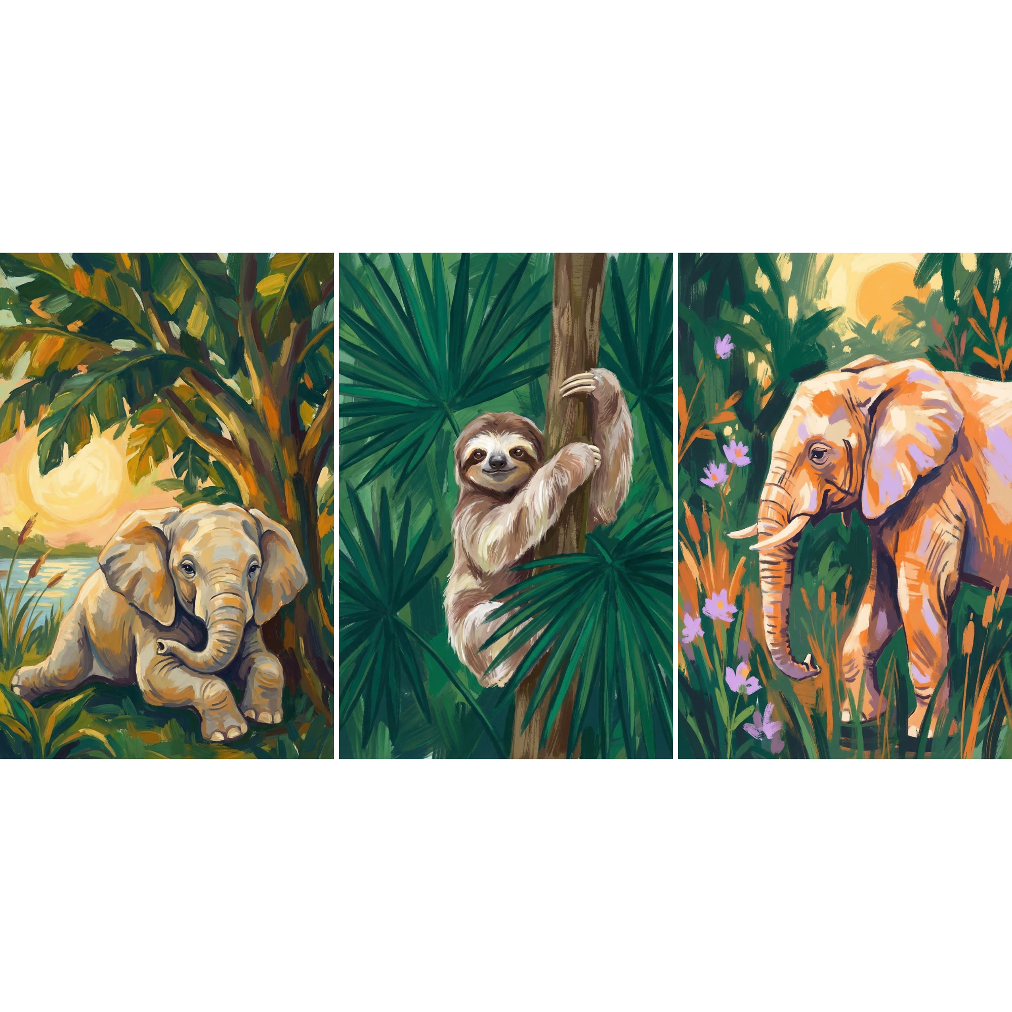 Golden Hour Jungle Animals Wall Art Set of 3 - Tropical Safari Trio