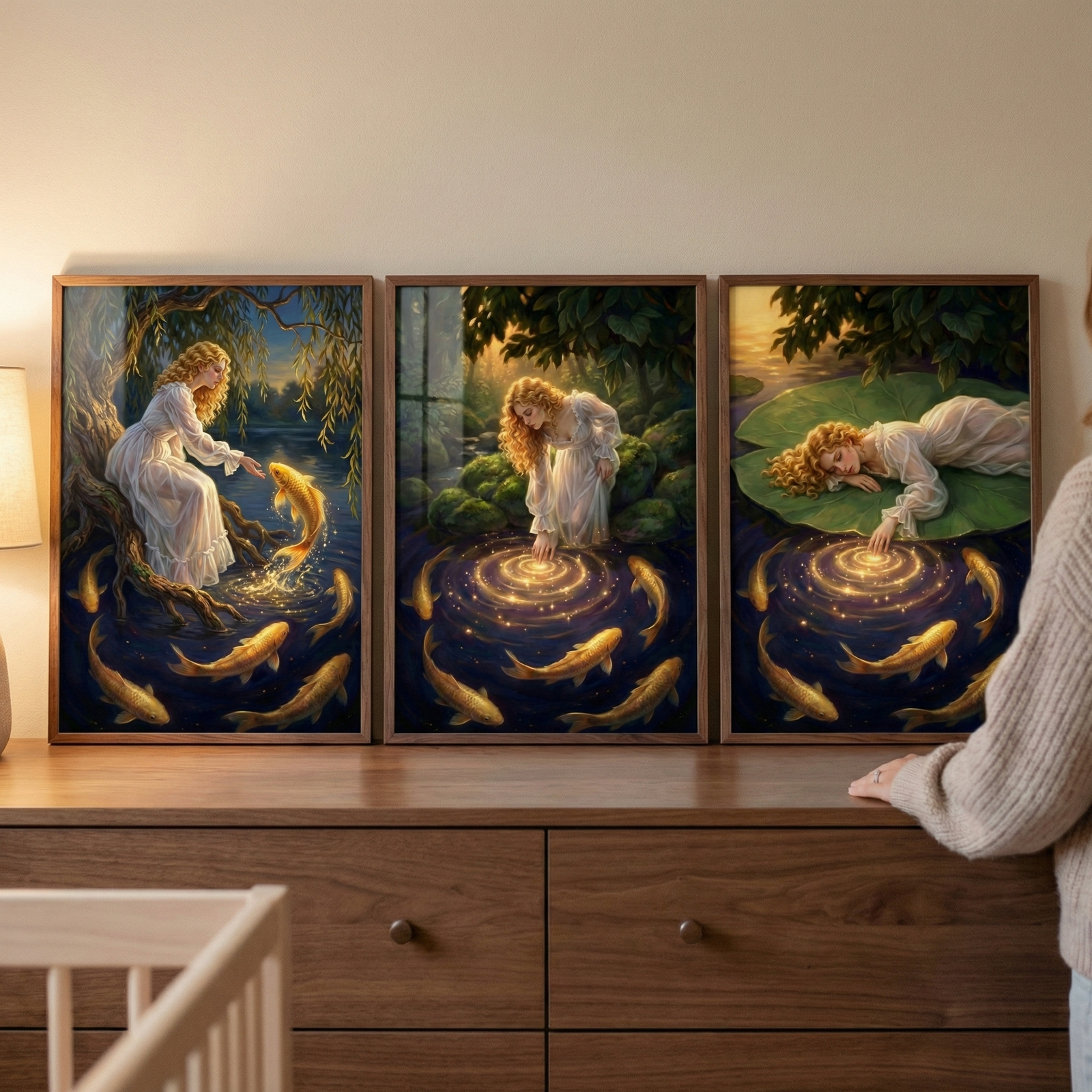 Three framed illustrations form a triptych on a dark wood dresser. Each piece features a young woman with long blonde hair in a flowing white dress within a mystical, nocturnal forest setting. In the first, she sits on tree roots by a pond, reaching toward a leaping golden fish. The second shows her touching the water’s surface, creating glowing ripples as fish swim in a circle. In the third, she rests on a giant lily pad, grazing the radiant water. A person in a sweater stands to the right.