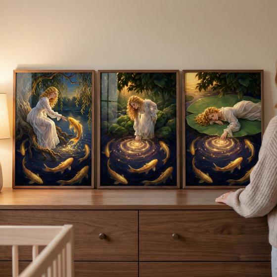 Three framed illustrations form a triptych on a dark wood dresser. Each piece features a young woman with long blonde hair in a flowing white dress within a mystical, nocturnal forest setting. In the first, she sits on tree roots by a pond, reaching toward a leaping golden fish. The second shows her touching the water’s surface, creating glowing ripples as fish swim in a circle. In the third, she rests on a giant lily pad, grazing the radiant water. A person in a sweater stands to the right.
