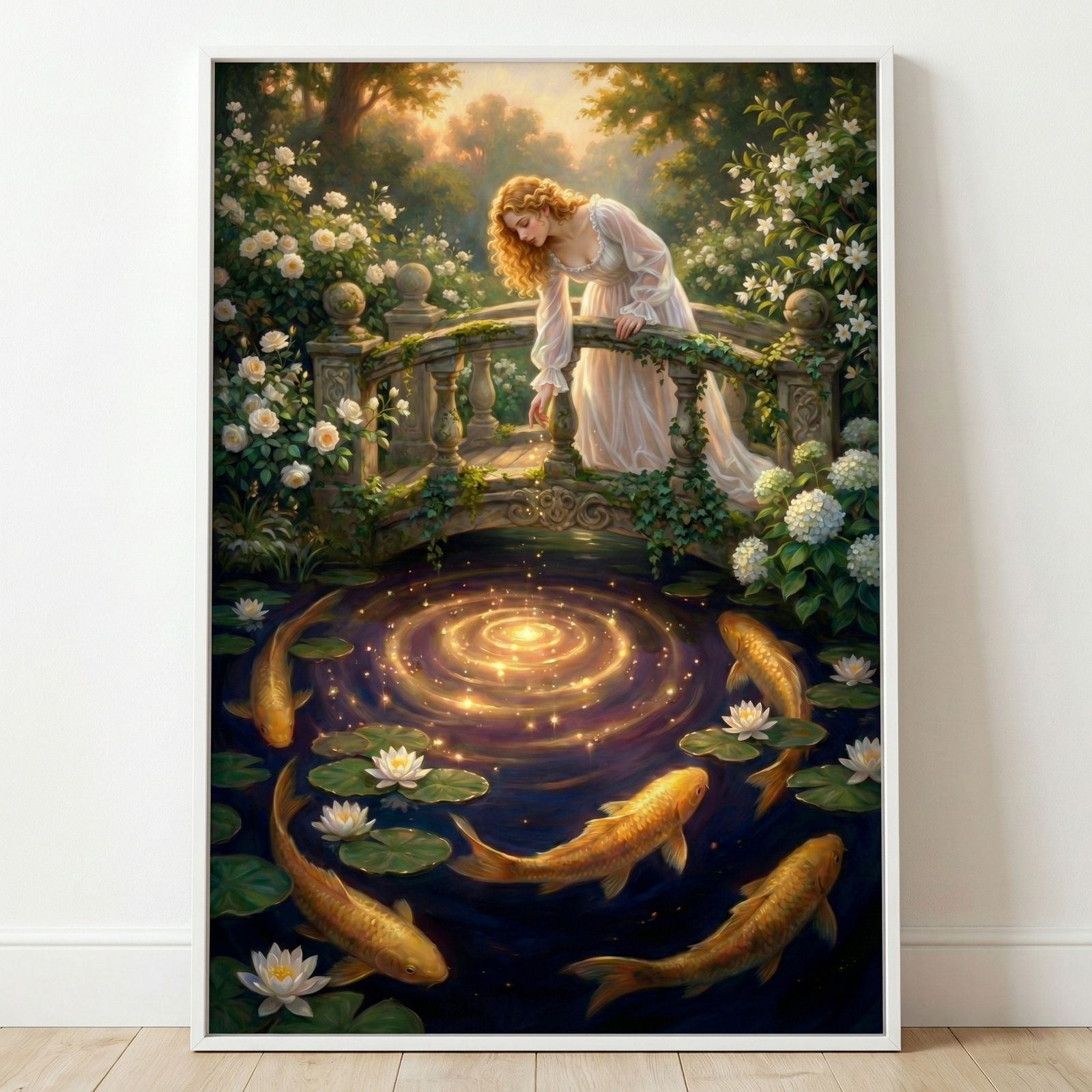 A magical scene depicting a woman with long, wavy hair in a flowing white dress leaning over a vine-covered stone bridge. She gazes at a dark pond where a glowing circular ripple shines with golden light. Large golden fish swim around the center, accompanied by white water lilies on the surface. White flowering bushes frame the bridge, all illuminated by soft light filtering through a dense forest in the background.