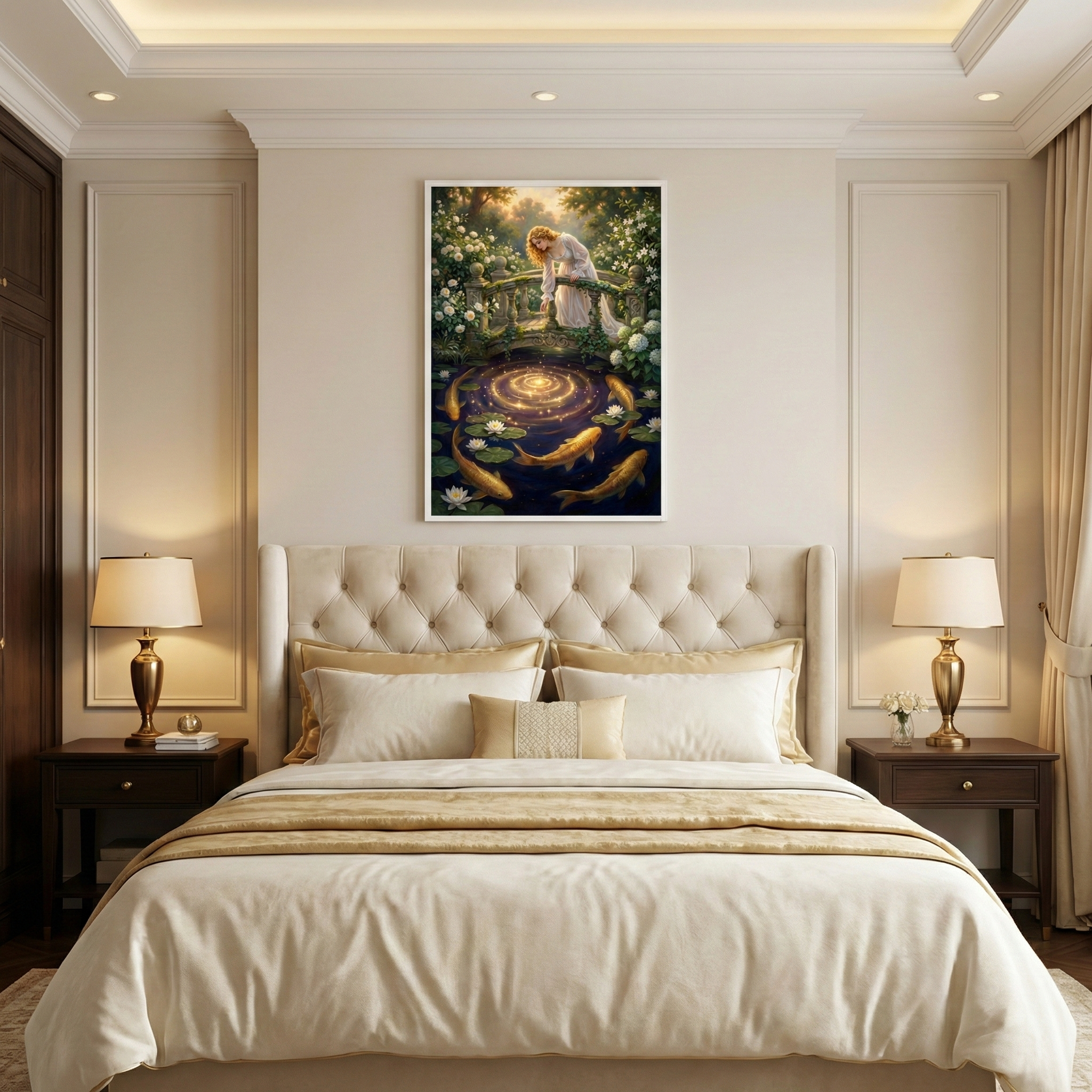 An elegant, neutrally-toned bedroom featuring a bed with a tufted beige headboard and champagne-colored linens. Dark wood nightstands with gold lamps flank the bed. Above the headboard is a large vertical artwork depicting a woman in a white gown on a bridge, overlooking golden fish in a dark pond with glowing ripples. The scene is surrounded by green foliage and white flowers. The cream walls have decorative paneling, complemented by white crown molding and soft lighting.