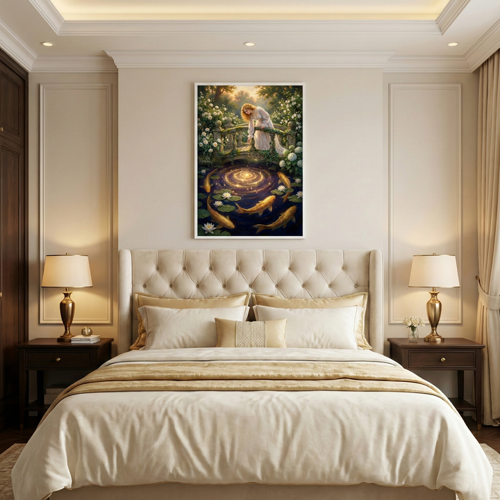 An elegant, neutrally-toned bedroom featuring a bed with a tufted beige headboard and champagne-colored linens. Dark wood nightstands with gold lamps flank the bed. Above the headboard is a large vertical artwork depicting a woman in a white gown on a bridge, overlooking golden fish in a dark pond with glowing ripples. The scene is surrounded by green foliage and white flowers. The cream walls have decorative paneling, complemented by white crown molding and soft lighting.