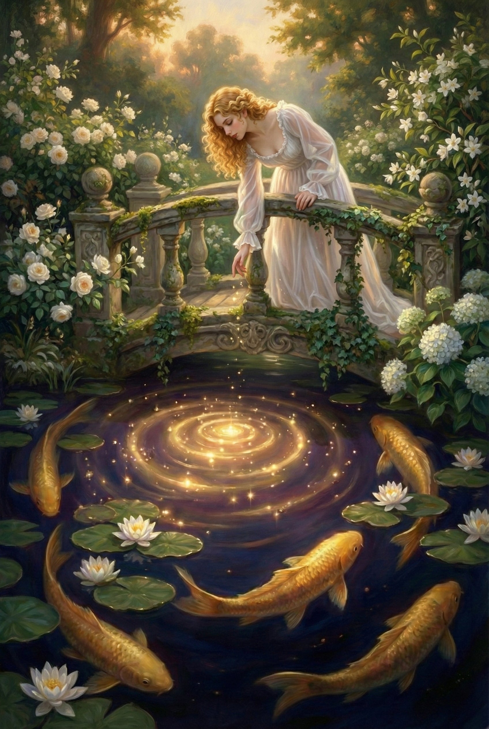 An ethereal scene of a young woman with long, curly golden hair and a white flowing dress standing on an ornate stone bridge. She leans over the railing, dropping shimmering golden dust into a dark pond below. The water's surface glows with concentric ripples of golden light. Several large golden fish swim in a circle around the center, surrounded by white water lilies and green pads. The background is a lush garden filled with white flowers, bathed in a soft, magical glow.