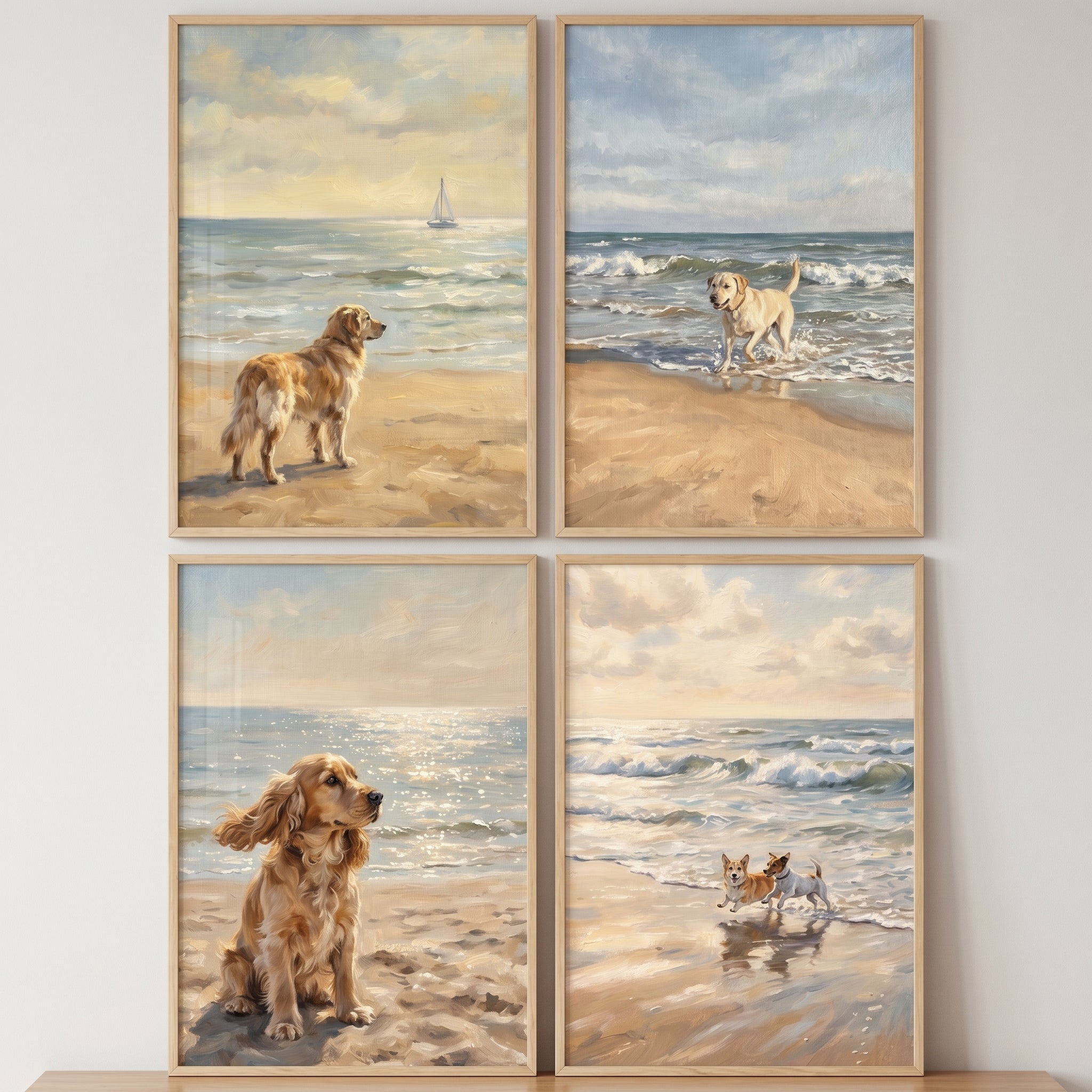 Golden Light Coastal Dogs Wall Art Set of 4 - Sandy Shore Pups
