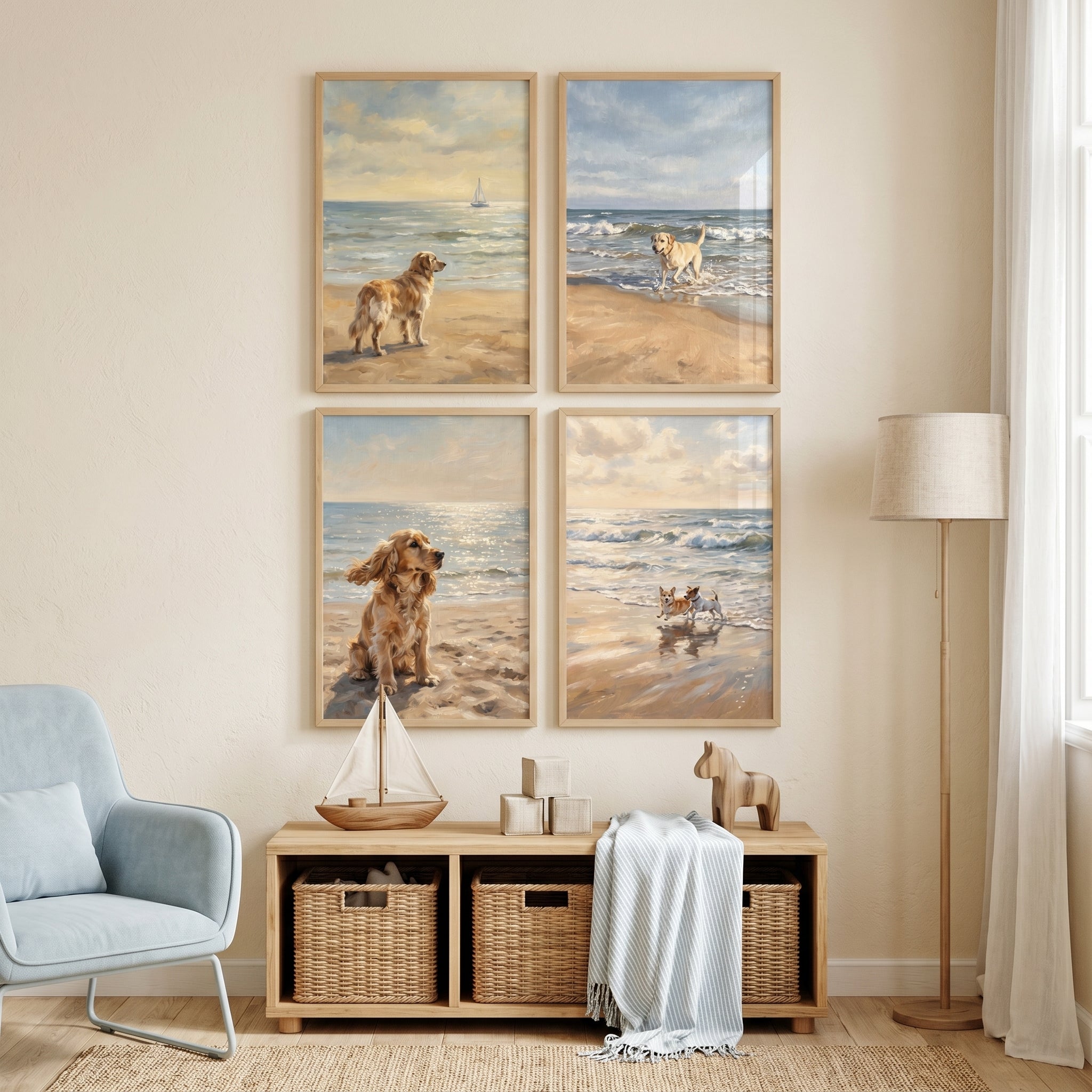 Golden Light Coastal Dogs Wall Art Set of 4 - Sandy Shore Pups