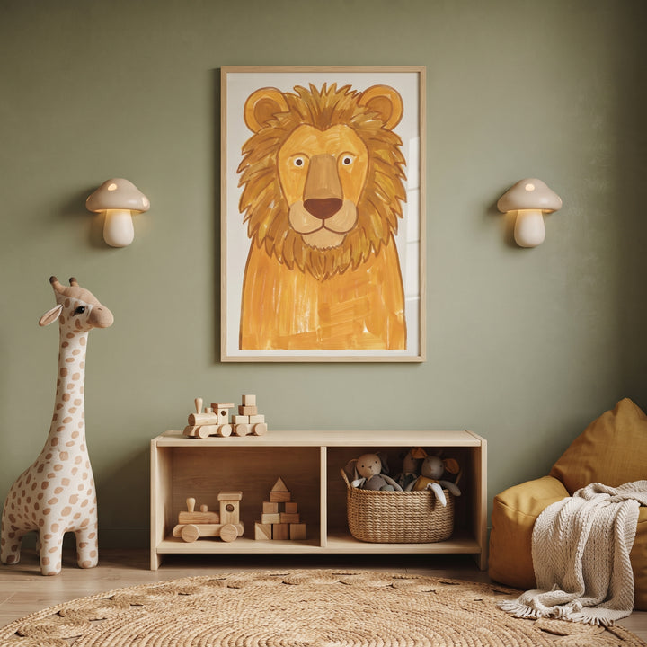 Mushroom lamps flank golden lion wall art on a green wall above a toy shelf. A tall plush giraffe stands on a woven rug.