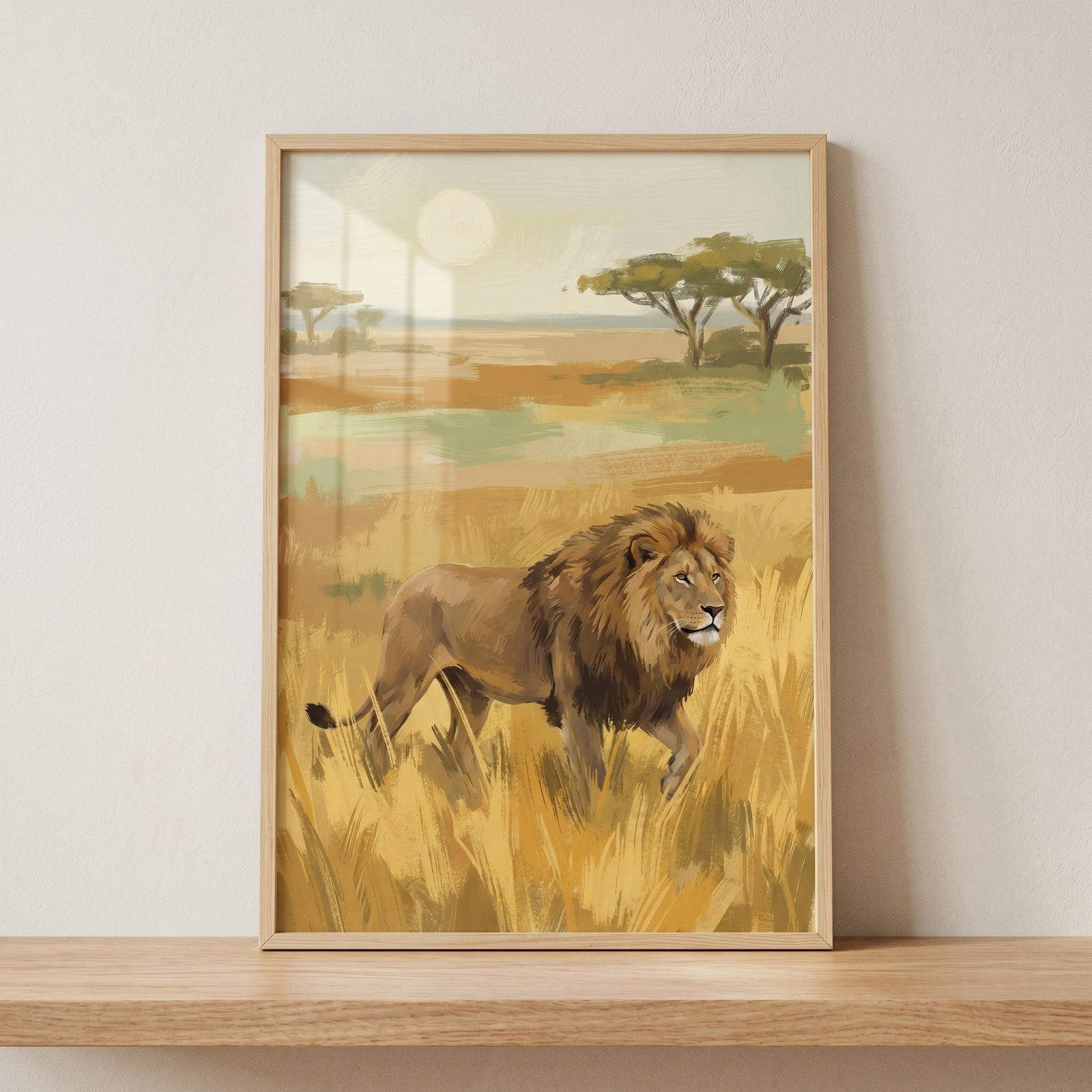 Framed golden mane savanna lion wall art depicts a male lion walking through tall grass in a sunlit landscape.